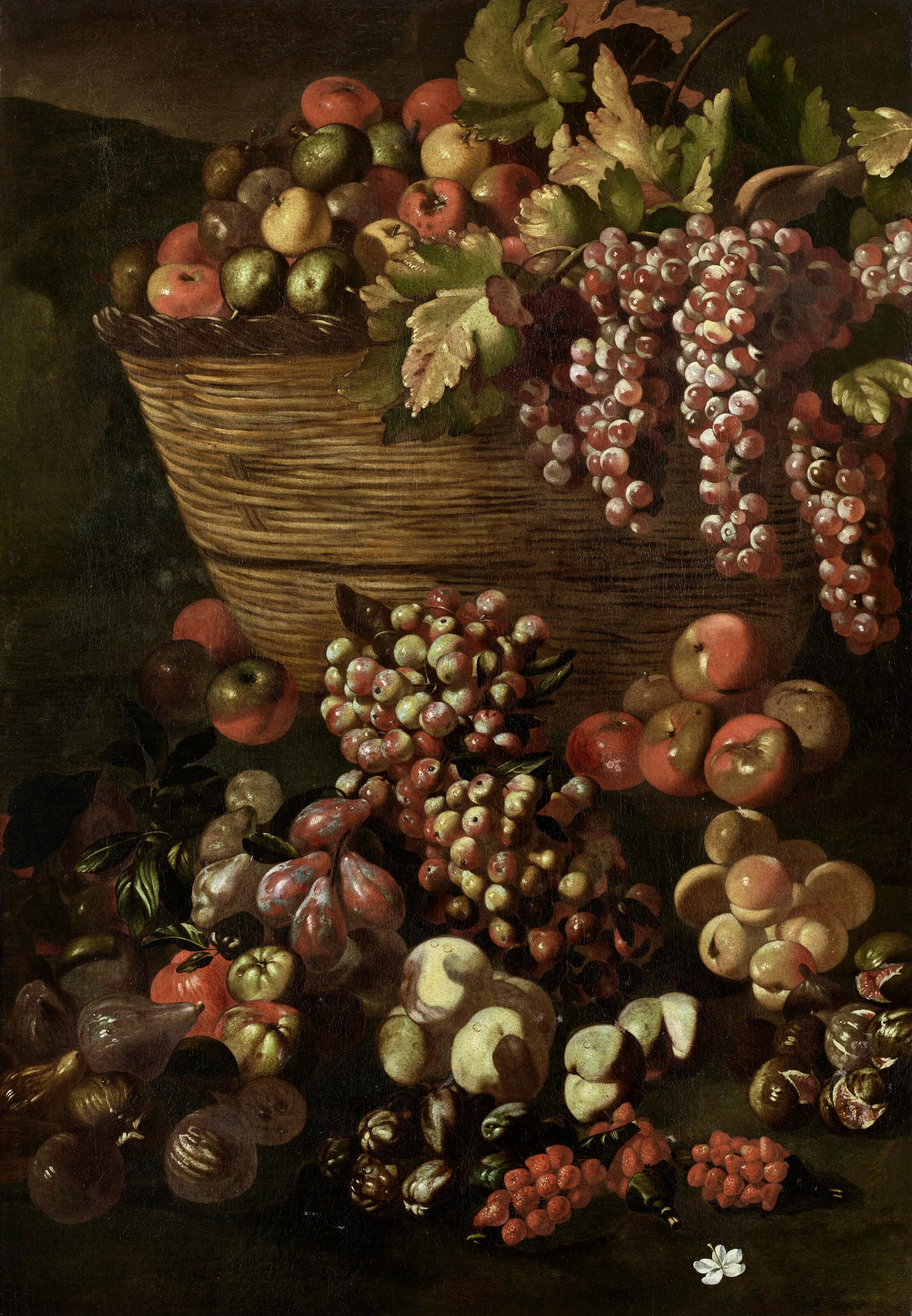 LUCA FORTE (NAPLES C. 1615-BEFORE 1670) A wicker basket of apples and grapes, with plums, figs,: Details LUCA FORTE (NAPLES C. 1615-BEFORE 1670) A wicker basket of apples and grapes, with plums, figs, strawberries and other fruit 45 1⁄8 x 31 5⁄8 in. (114.5 x 80.2 cm.) oil on canvas Pr