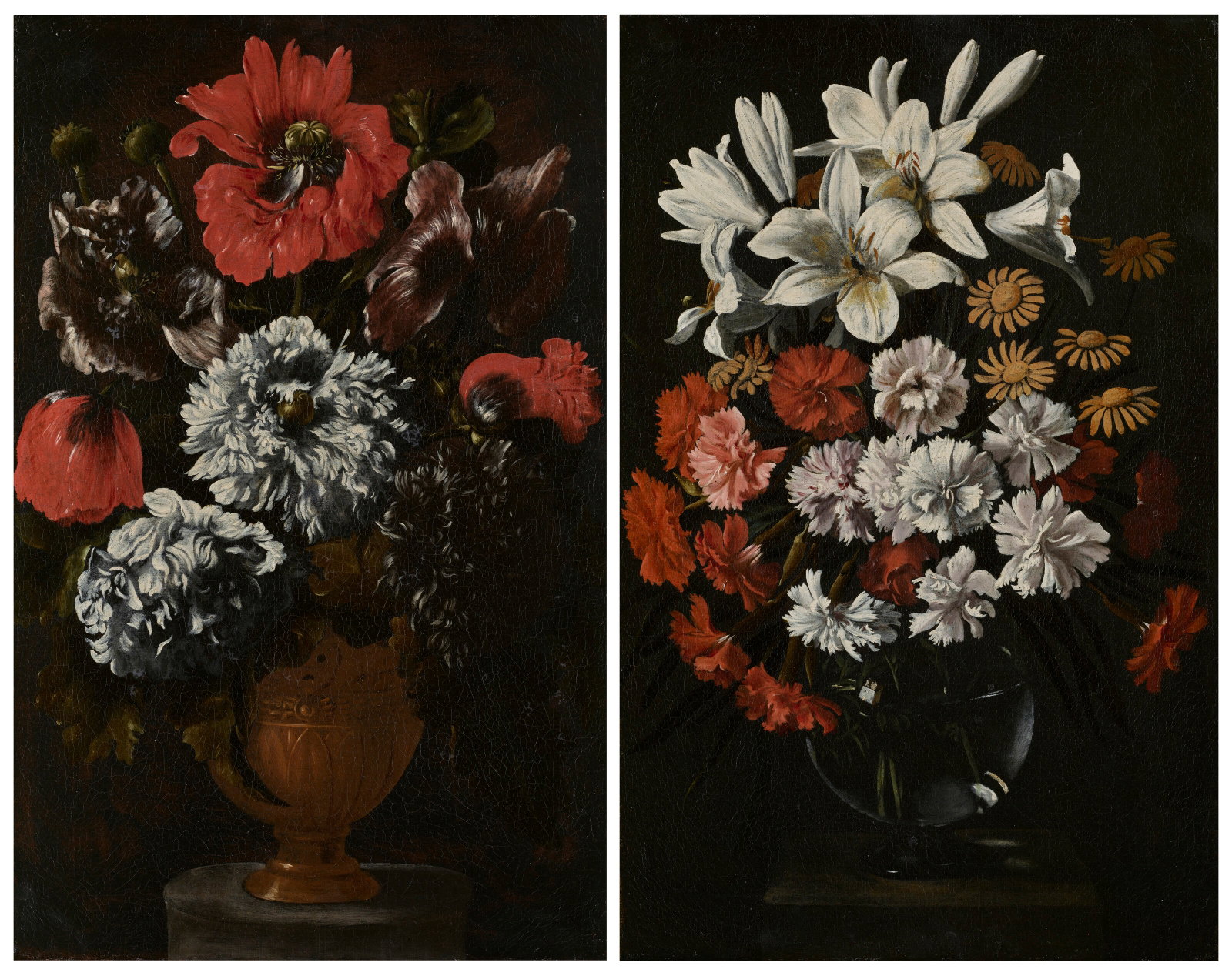 ATTRIBUTED TO GIACOMO RECCO (NAPLES 1603-1653) Poppies in a gilt vase on a stone ledge; and Lilies, (1 of 4)
