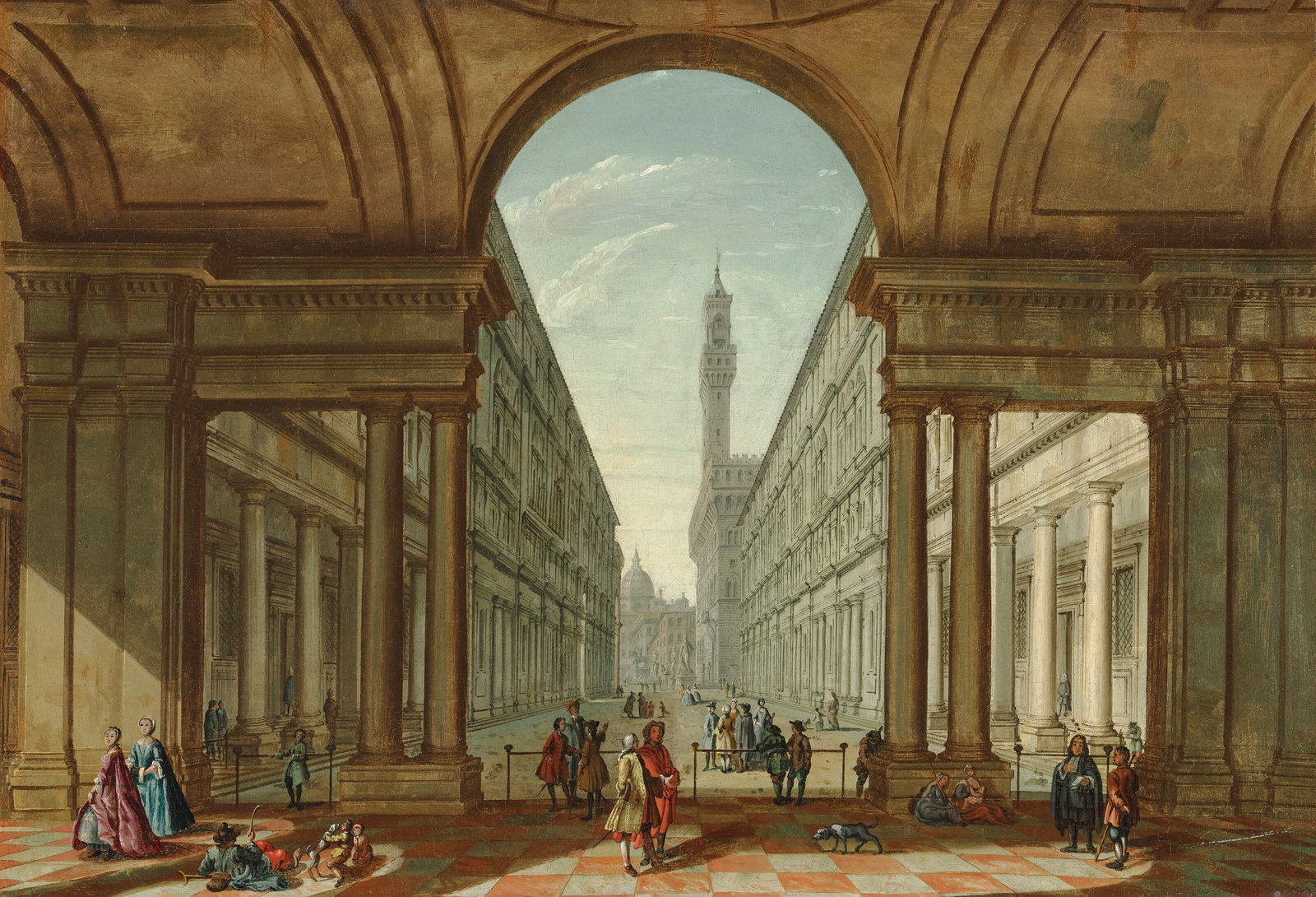 AFTER GIUSEPPE ZOCCHI Florence, a view of the Uffizi, looking towards the Palazzo Vecchio: Details AFTER GIUSEPPE ZOCCHI Florence, a view of the Uffizi, looking towards the Palazzo Vecchio oil on canvas 25 5⁄8 x 17 ¾ in. (65 x 45.1 cm.)