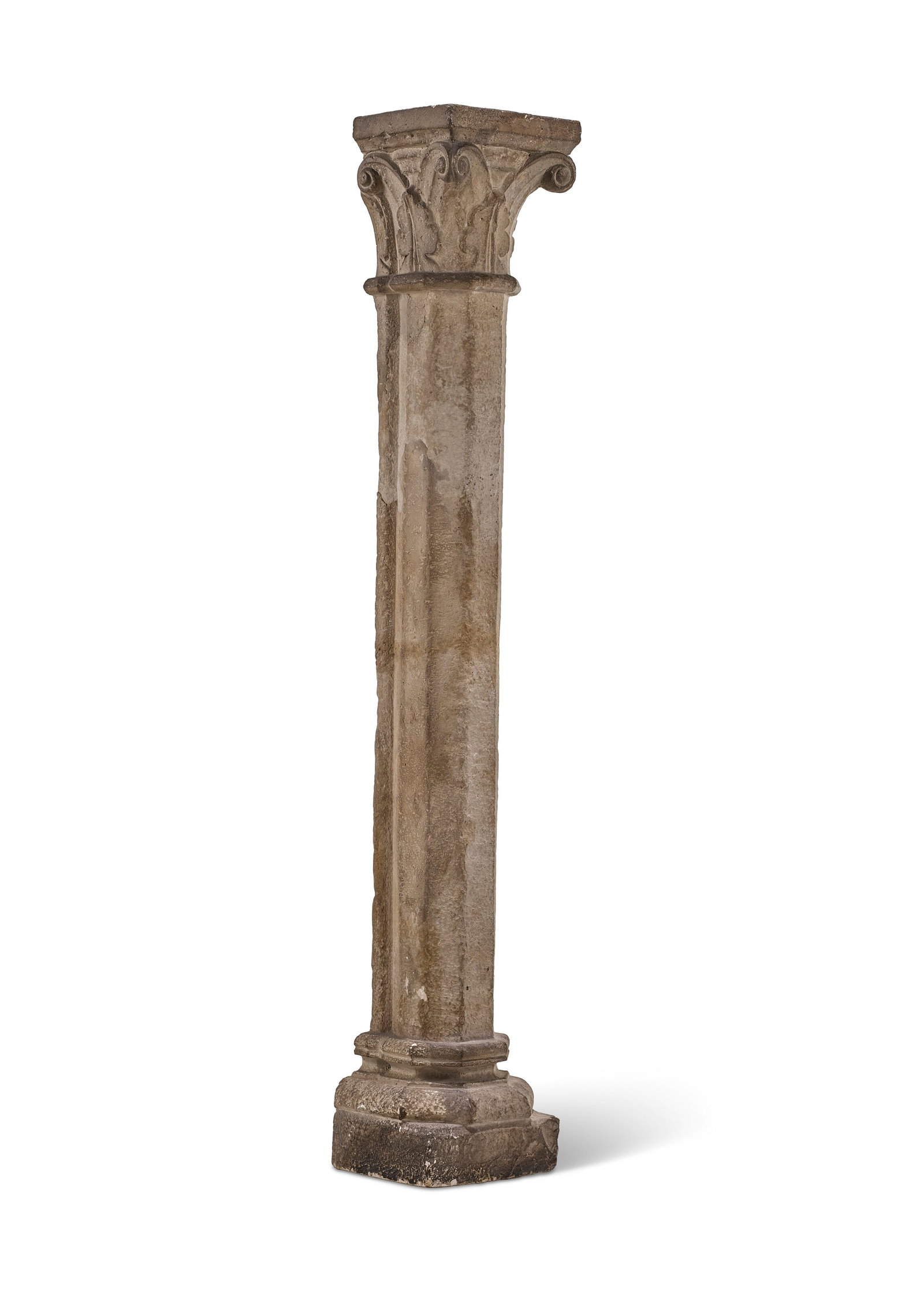 FRENCH GOTHIC, 13TH CENTURY A LIMESTONE PEDESTAL WITH SCROLLING CAPITAL (1 of 4)