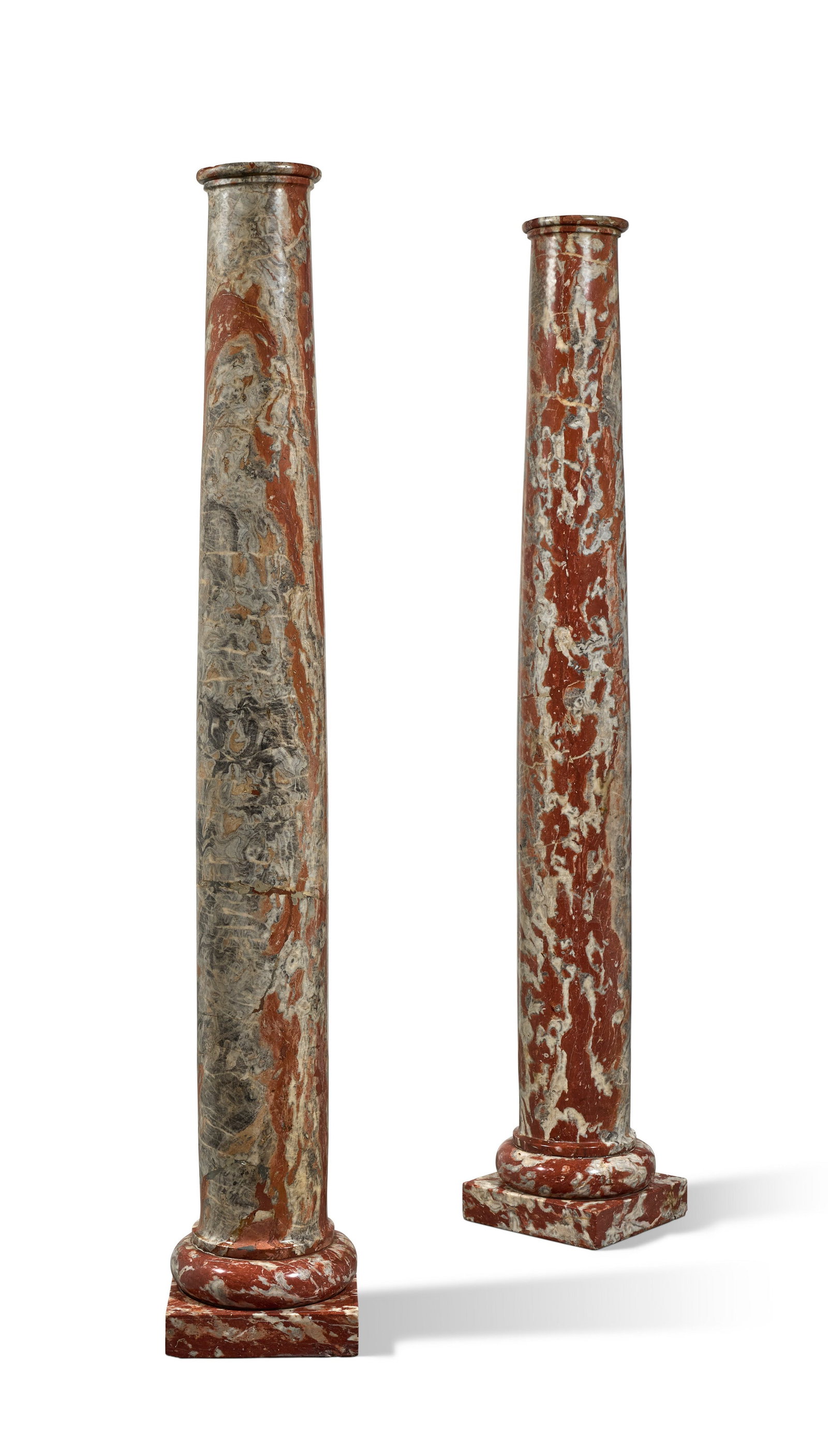 PAIRE DE COLONNES: Details PAIRE DE COLONNES FRANCE, XVIIIE SIÈCLE marbre rouge du Languedoc ; restaurations H. 189,5 cm. (74 5⁄8 in.) Further details A PAIR OF RED LANGUEDOC MARBLE COLUMNS, FRENCH, 18TH