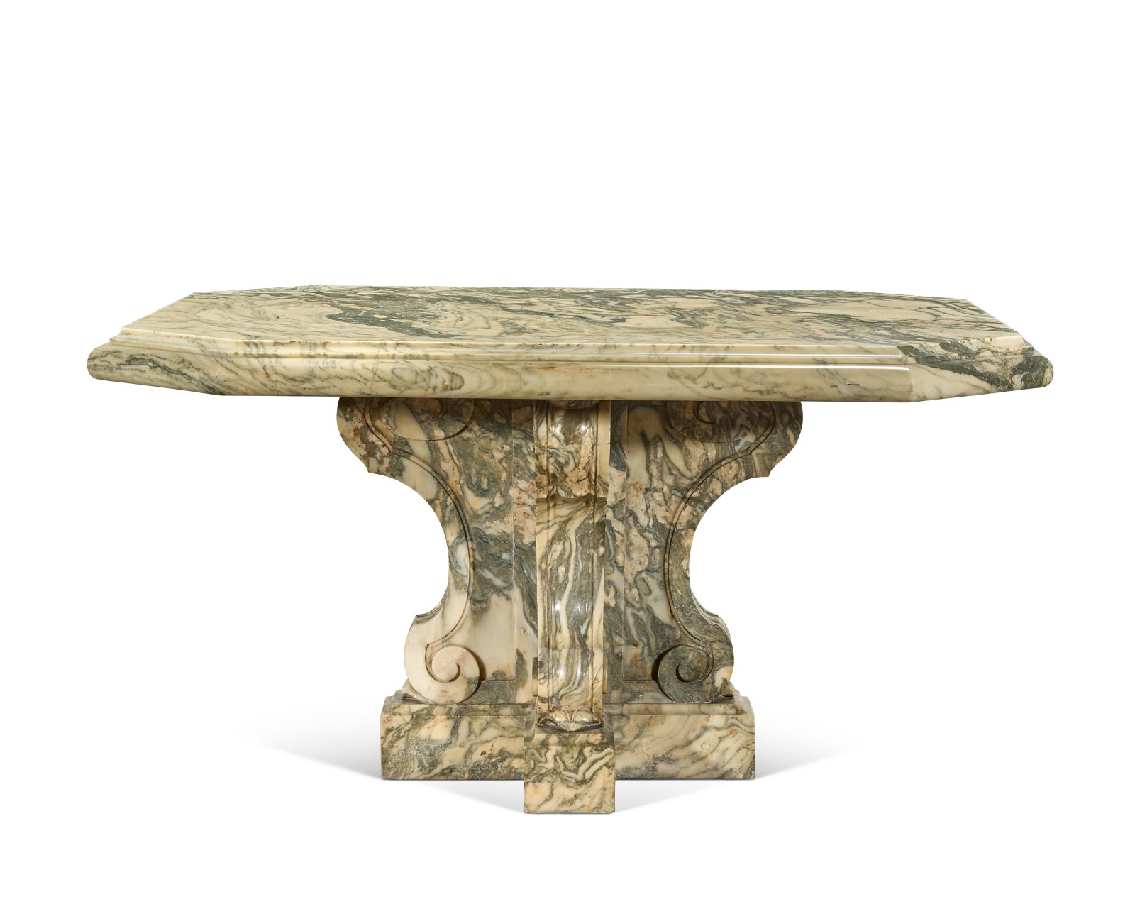 GUÉRIDON DE STYLE BAROQUE: Details GUÉRIDON DE STYLE BAROQUE VERS 1900 En marbre cipollin blanc veiné gris, le plateau rectangulaire à pans coupés, le piètement à volutes, étiquette sous le
