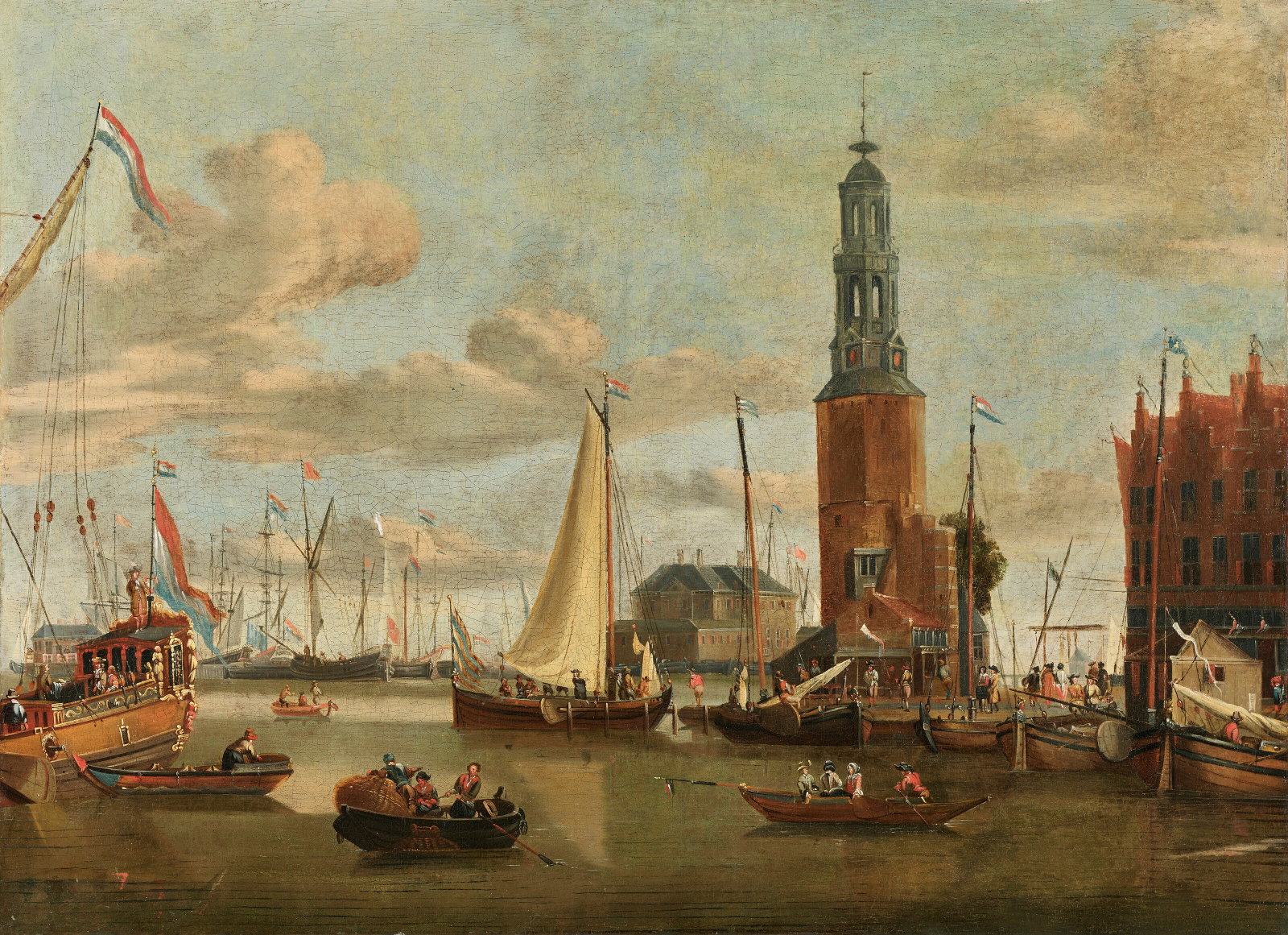 ÉCOLE HOLLANDAISE DU DÉBUT DU XVIIIe SIÈCLE, SUIVEUR D'ABRAHAM STORCK: Details ÉCOLE HOLLANDAISE DU DÉBUT DU XVIIIe SIÈCLE, SUIVEUR D'ABRAHAM STORCK Vue d'Amsterdam avec la Haringpakkerstoren et la Nieuwe Stadsherberg depuis le canal du Singel huile sur