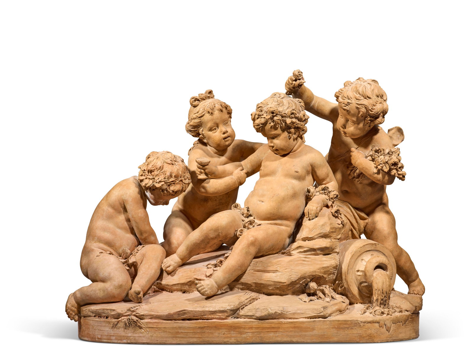 FRANCE, SECONDE MOITIÉ DU XIXE OU DÉBUT DU XXE SIÈCLE: Details FRANCE, SECONDE MOITIÉ DU XIXE OU DÉBUT DU XXE SIÈCLE Bacchus enfant accompagné de trois putti groupe en terre cuite H. 43 cm. (17 in.) ; L. 53 cm. (21 in.) Further details