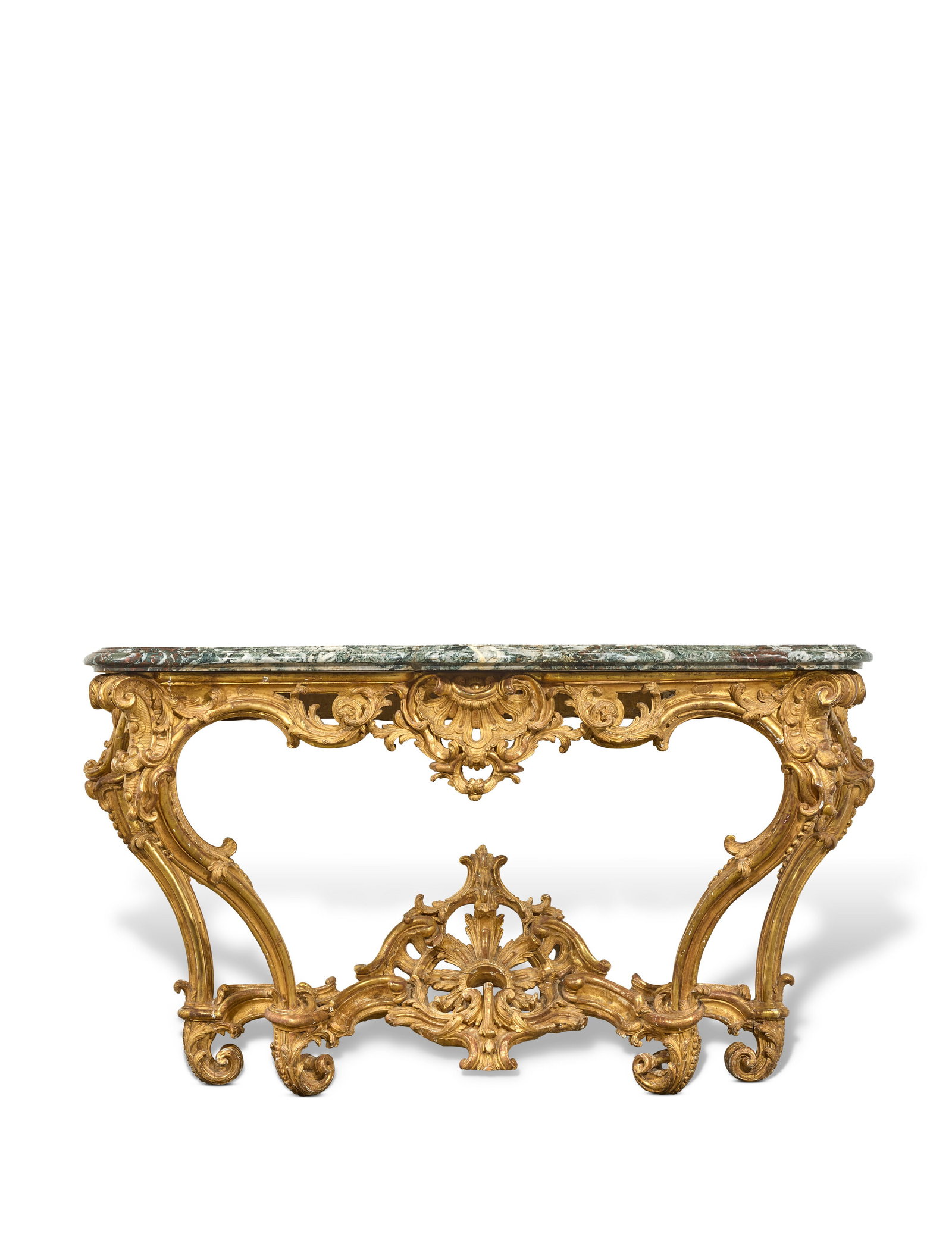 CONSOLE DU DÉBUT DE L'ÉPOQUE LOUIS XV: Details CONSOLE DU DÉBUT DE L'ÉPOQUE LOUIS XV VERS 1735 En chêne mouluré, sculpté et doré, le plateau de marbre Campan grand mélange, la ceinture ajourée