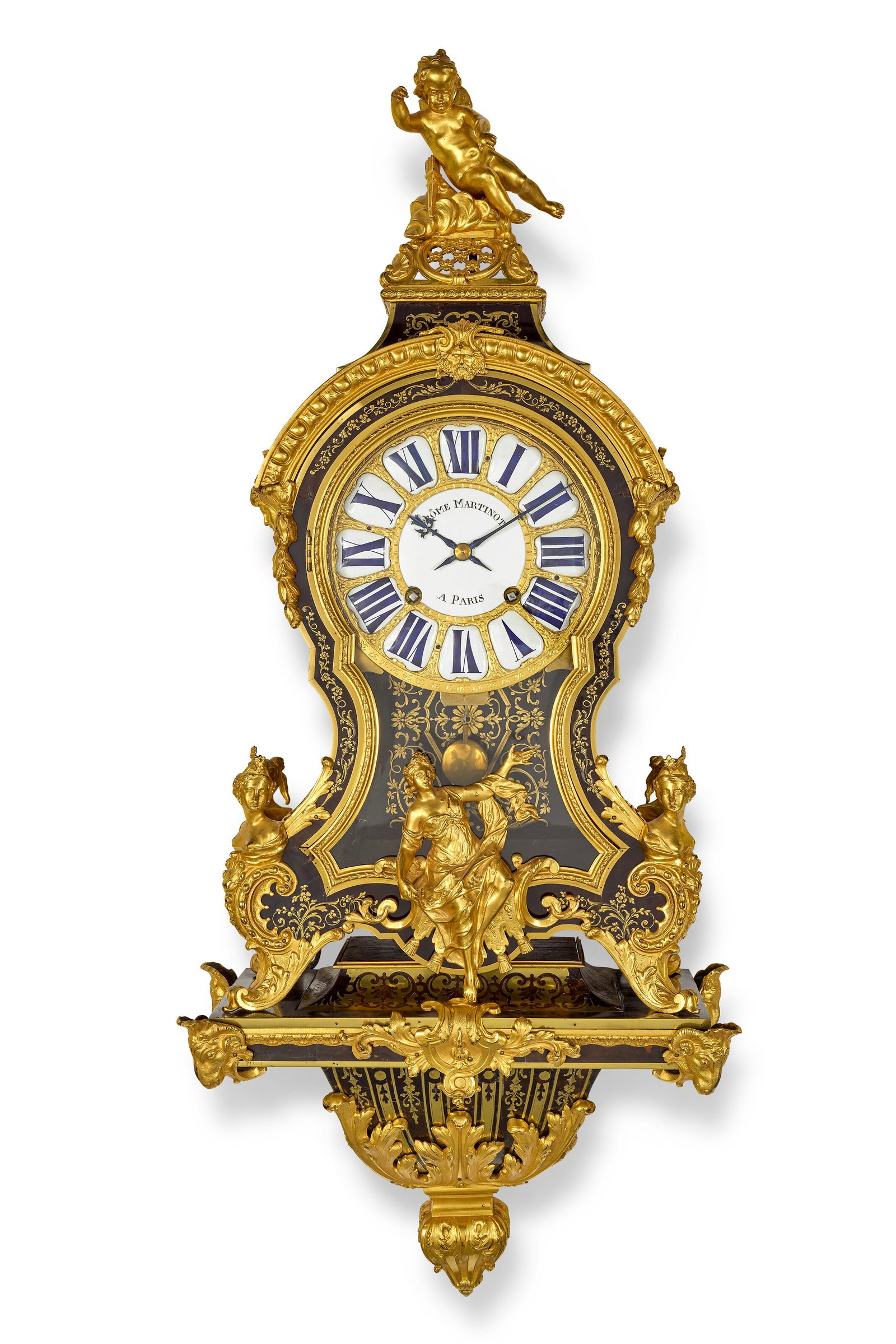 CARTEL D'APPLIQUE D'ÉPOQUE RÉGENCE: Details CARTEL D'APPLIQUE D'ÉPOQUE RÉGENCE SIGNATURE DE JÉRÔME MARTINOT, VERS 1720 En marqueterie Boulle en première partie d'écaille brune et incrustations de laiton en 