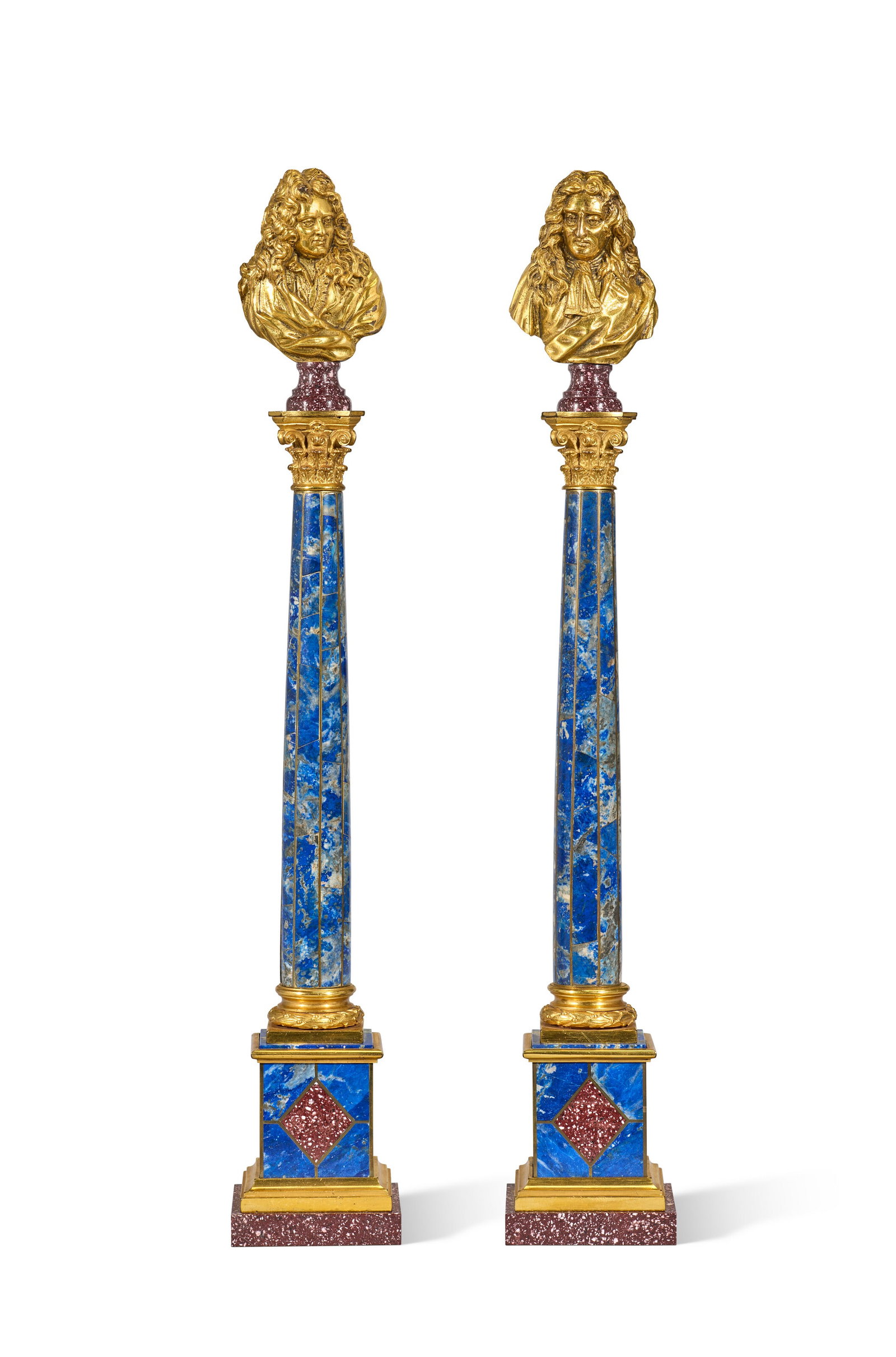 XXE SIÈCLE: Details XXE SIÈCLE Paire de bustes sur des colonnes, probablement Molière et Corneille bronze doré, lapis lazuli et porphyre H. totale : 53,2 cm. (21 in.)(2) Further details A PAIR OF