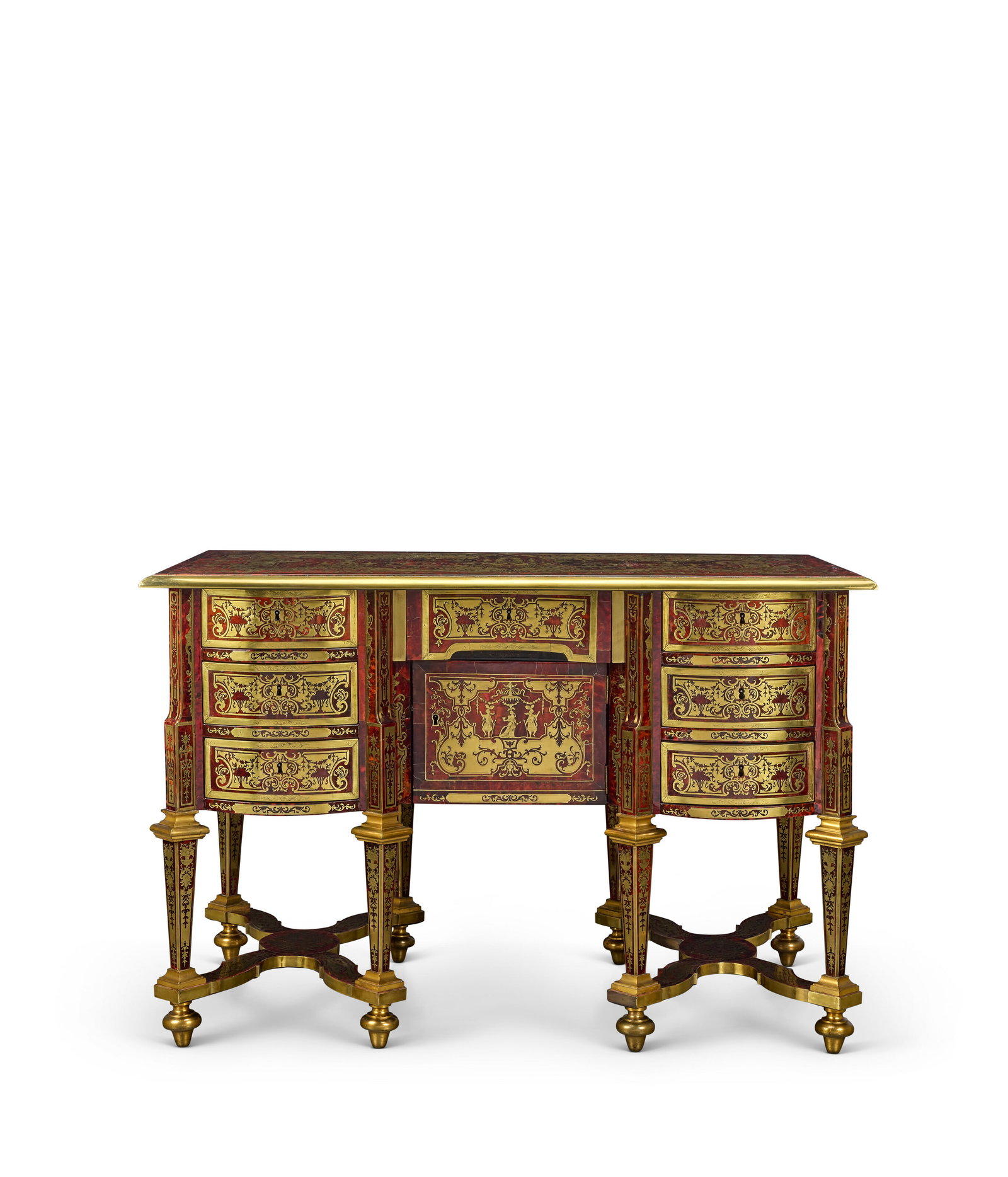 BUREAU MAZARIN D’ÉPOQUE LOUIS XIV: Details BUREAU MAZARIN D’ÉPOQUE LOUIS XIV DÉBUT DU XVIIIE SIÈCLE En marqueterie Boulle d’écaille rouge et incrustation de laiton en première partie et contrepartie