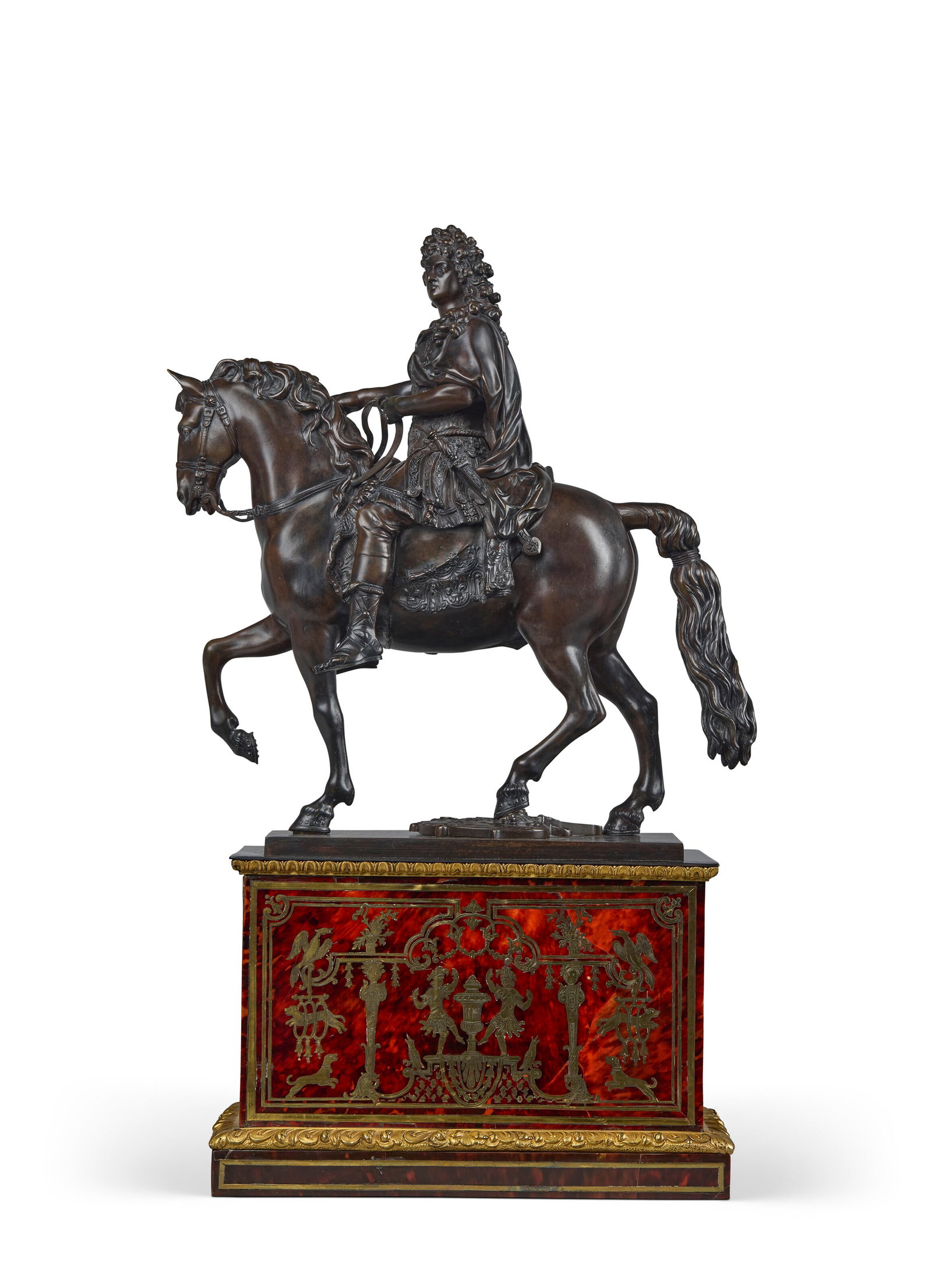 D'APRÈS FRANÇOIS GIRARDON (1628-1715), XIXE SIÈCLE: Details D'APRÈS FRANÇOIS GIRARDON (1628-1715), XIXE SIÈCLE Louis XIV à cheval bronze, reposant sur un socle en marqueterie de première partie d'écaille de tortue et de la