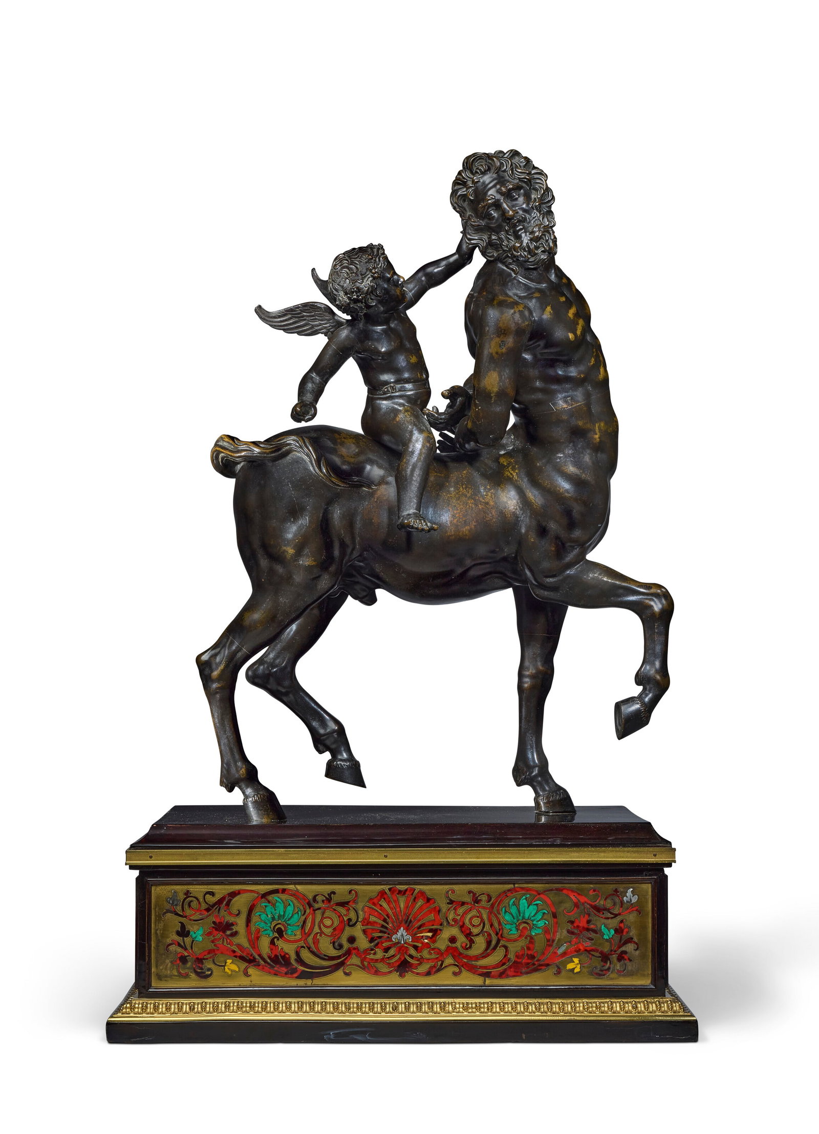 D'APRÈS L'ANTIQUE, XIXE OU DÉBUT DU XXE SIÈCLE: Details D'APRÈS L'ANTIQUE, XIXE OU DÉBUT DU XXE SIÈCLE Centaure dit "Centaure Furietti" bronze patiné, reposant sur un socle en placage d'ébène et marqueterie de contre-p