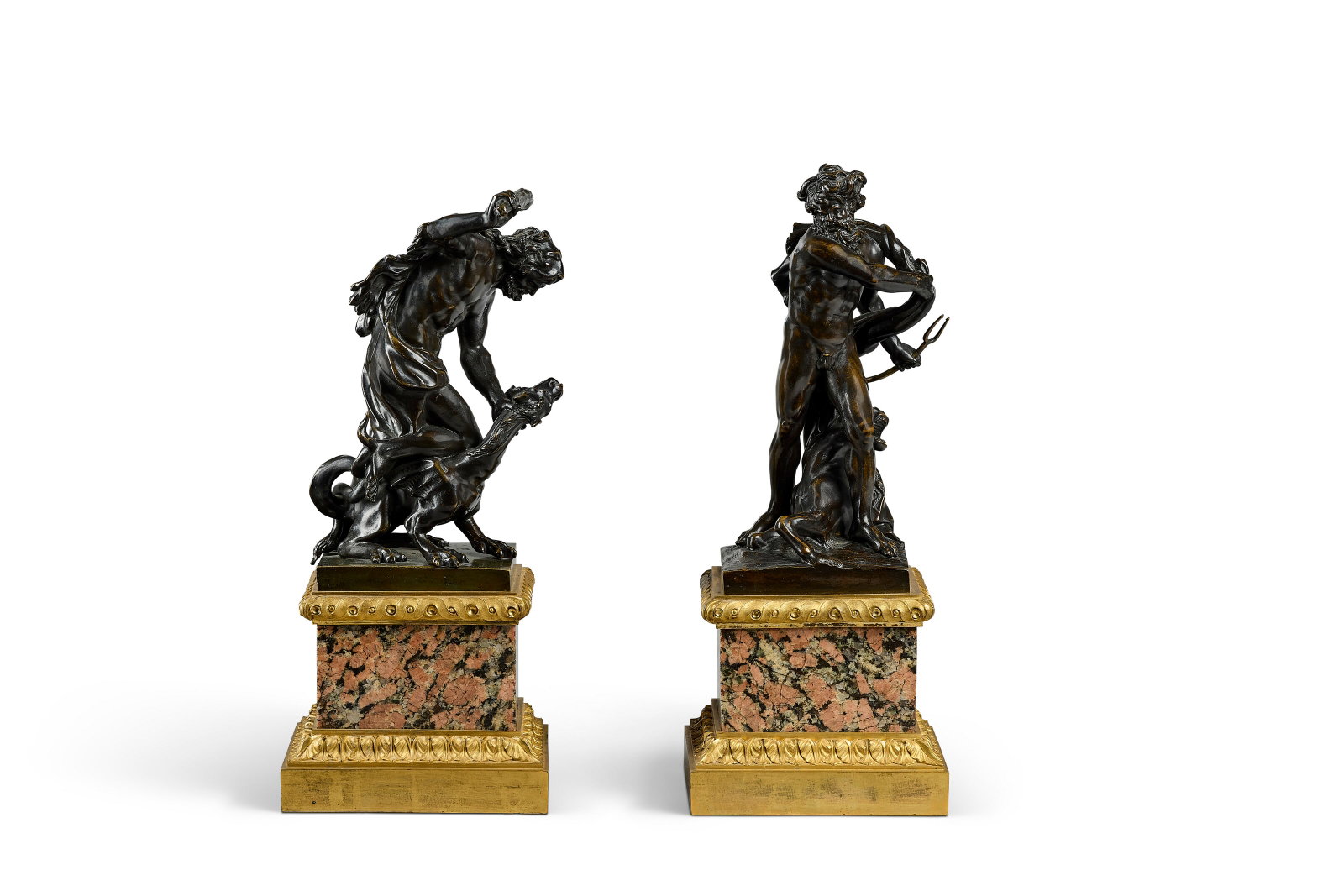 XXE SIÈCLE: Details XXE SIÈCLE Neptune d'après Michel Anguier et Hercule et l'hydre de Lerne deux groupes en bronze formant paire, reposant sur des socles postérieurs de style Louis XVI en granit r