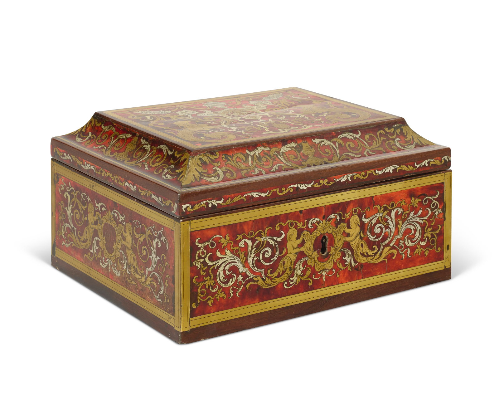 COFFRET D’ÉPOQUE BAROQUE: Details COFFRET D’ÉPOQUE BAROQUE DÉBUT DU XVIIIE SIÈCLE, PROBABLEMENT ALLEMAGNE En marqueterie Boulle d’écaille rouge et incrustations de laiton et d'étain en