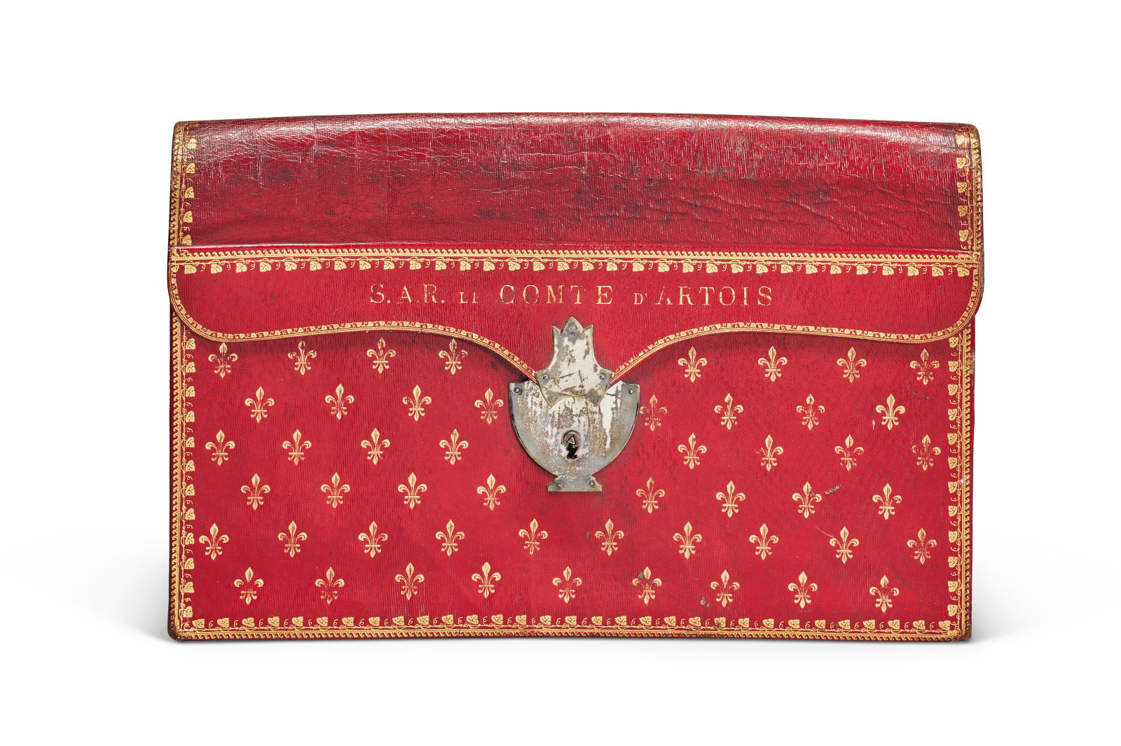 PORTEFEUILLE ROYAL D’ÉPOQUE RESTAURATION: Details PORTEFEUILLE ROYAL D’ÉPOQUE RESTAURATION RÉALISÉ POUR LE COMTE D'ARTOIS, ENTRE 1815 ET 1824 En maroquin rouge et maroquin vert doré aux petits fers, le rabat en