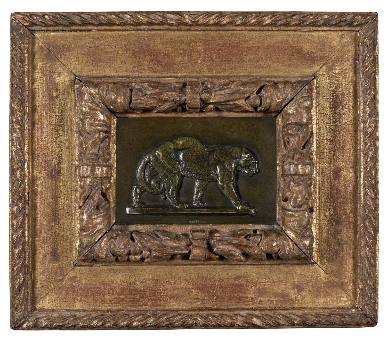 ANTOINE-LOUIS BARYE (1795-1875): Details ANTOINE-LOUIS BARYE (1795-1875) Panthère marchant, avec cadre plaque en bronze, signé "BARYE" à l'avant et marque de fondeur "Eck et Durand" au revers, portant les numéros