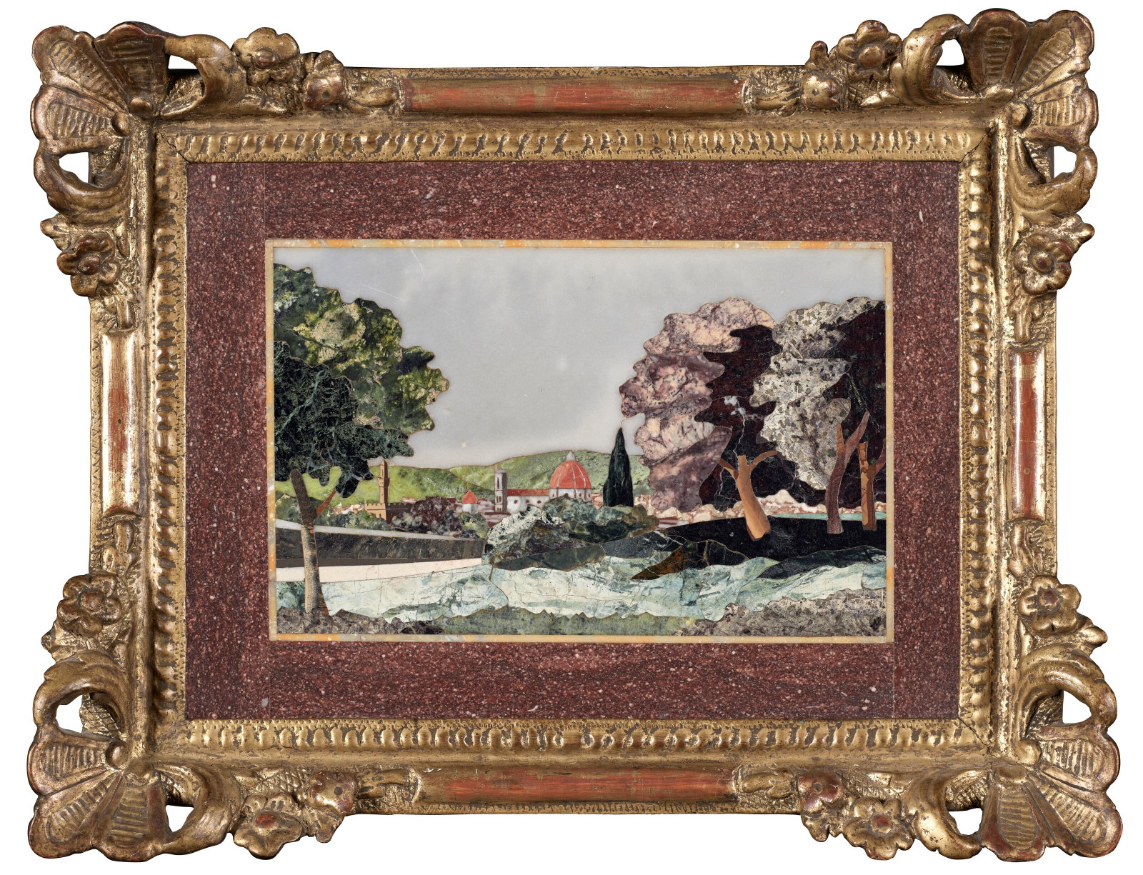 ITALIE, FIN DU XIXE SIÈCLE: Details ITALIE, FIN DU XIXE SIÈCLE Vue de la ville de Florence marqueterie de marbres, pierres dures et porphyre, dans un cadre en bois doré associé Dim. cadre : 29 x 38 in. (11