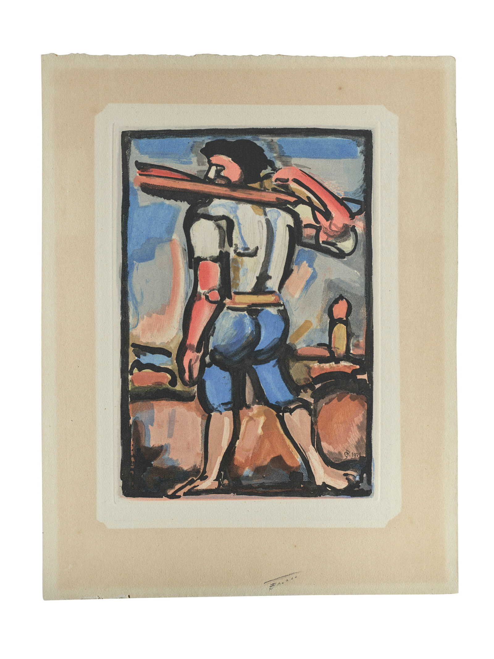 GEORGES ROUAULT (1871-1958): Details GEORGES ROUAULT (1871-1958) Aide-bourreau (portant un des bois de la croix), planche issue de l'ouvrage de André Suarès, Passion aquatinte en couleurs sur papier vergé plaque: 3