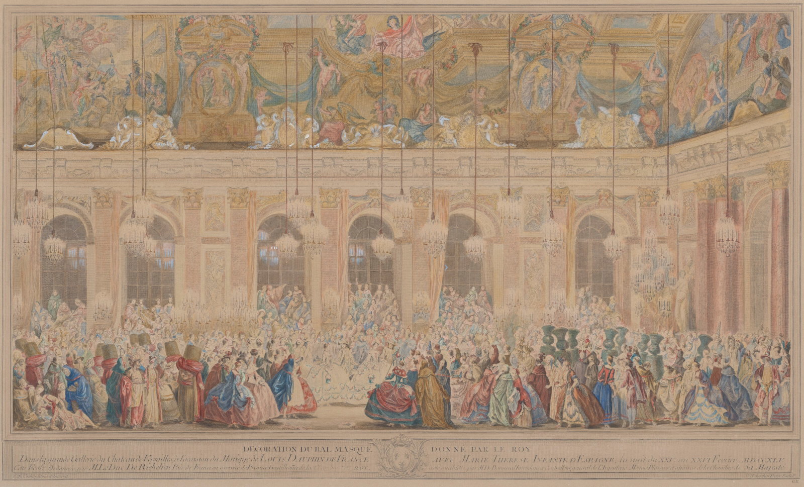 CHARLES-NICOLAS COCHIN (1715-1790): Details CHARLES-NICOLAS COCHIN (1715-1790) Décoration du Bal Masqué donné par le Roy, 1745 eau-forte et burin réhaussé en couleurs sur papier vélin Plaque: 47,7 x 78,4 cm