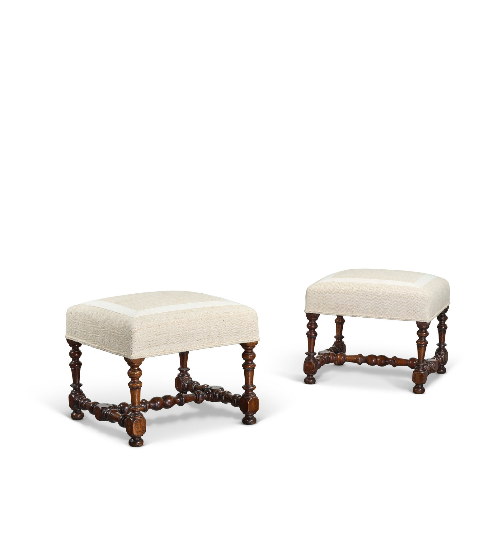PAIRE DE TABOURETS D’ÉPOQUE LOUIS XIV: Details PAIRE DE TABOURETS D’ÉPOQUE LOUIS XIV SECONDE MOITIÉ DU XVIIE SIÈCLE En noyer tourné et mouluré, sur des pieds balustre réunis par une entretoise en H, la c