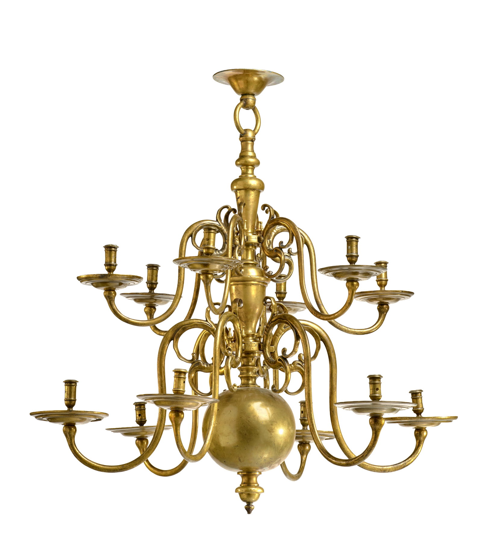 LUSTRE D’ÉPOQUE BAROQUE: Details LUSTRE D’ÉPOQUE BAROQUE HOLLANDE, FIN DU XVIIE SIÈCLE En laiton ciselé, à douze bras de lumière en volute sur deux rangs, le fût balustre amorti par une