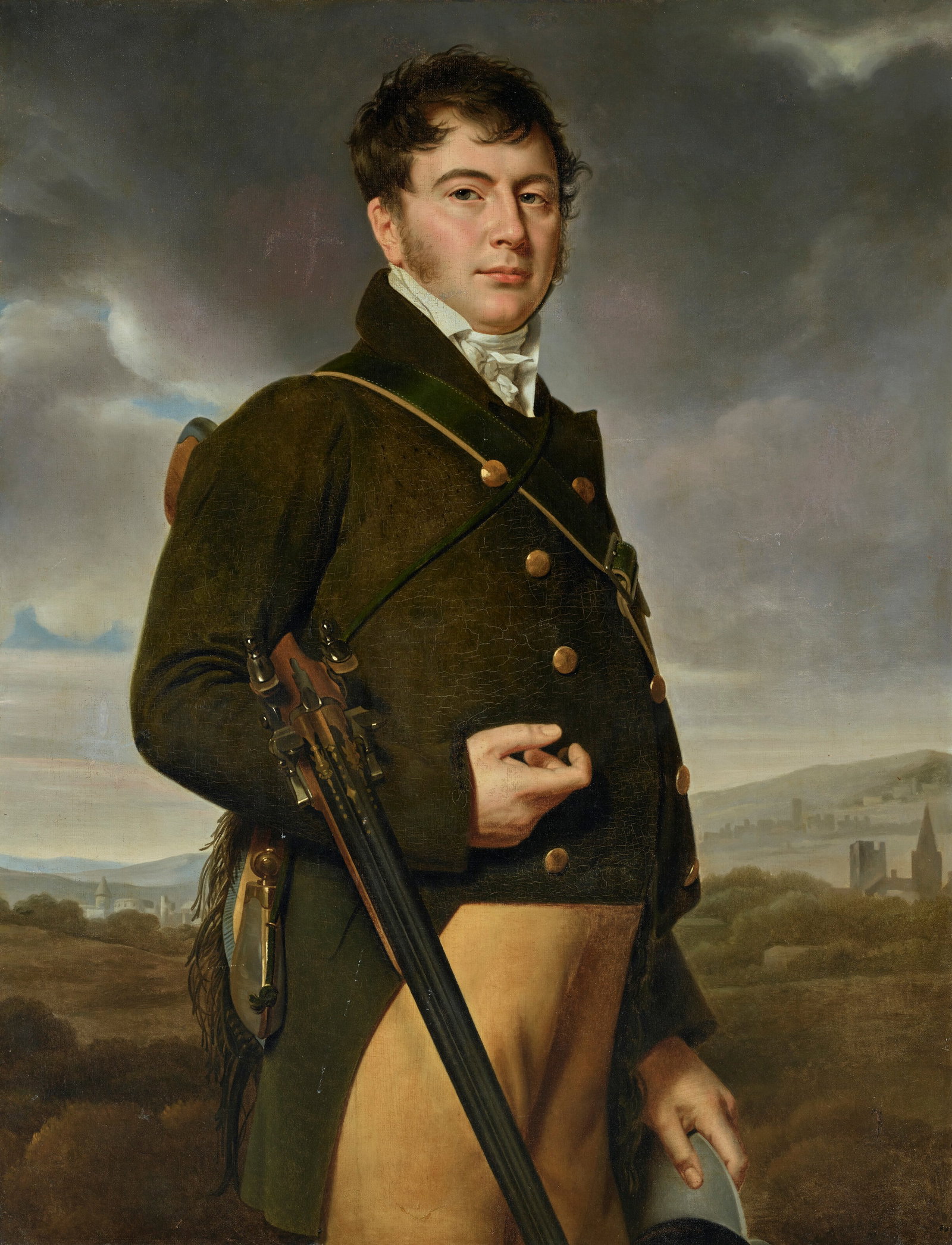 ÉCOLE FRANÇAISE DU DÉBUT DU XIXe SIÈCLE: Details ÉCOLE FRANÇAISE DU DÉBUT DU XIXe SIÈCLE Portrait d'un chasseur devant un paysage, de trois quarts huile sur toile 115,5 x 88,7 cm (45 ½ x 3415⁄16 in.) Further