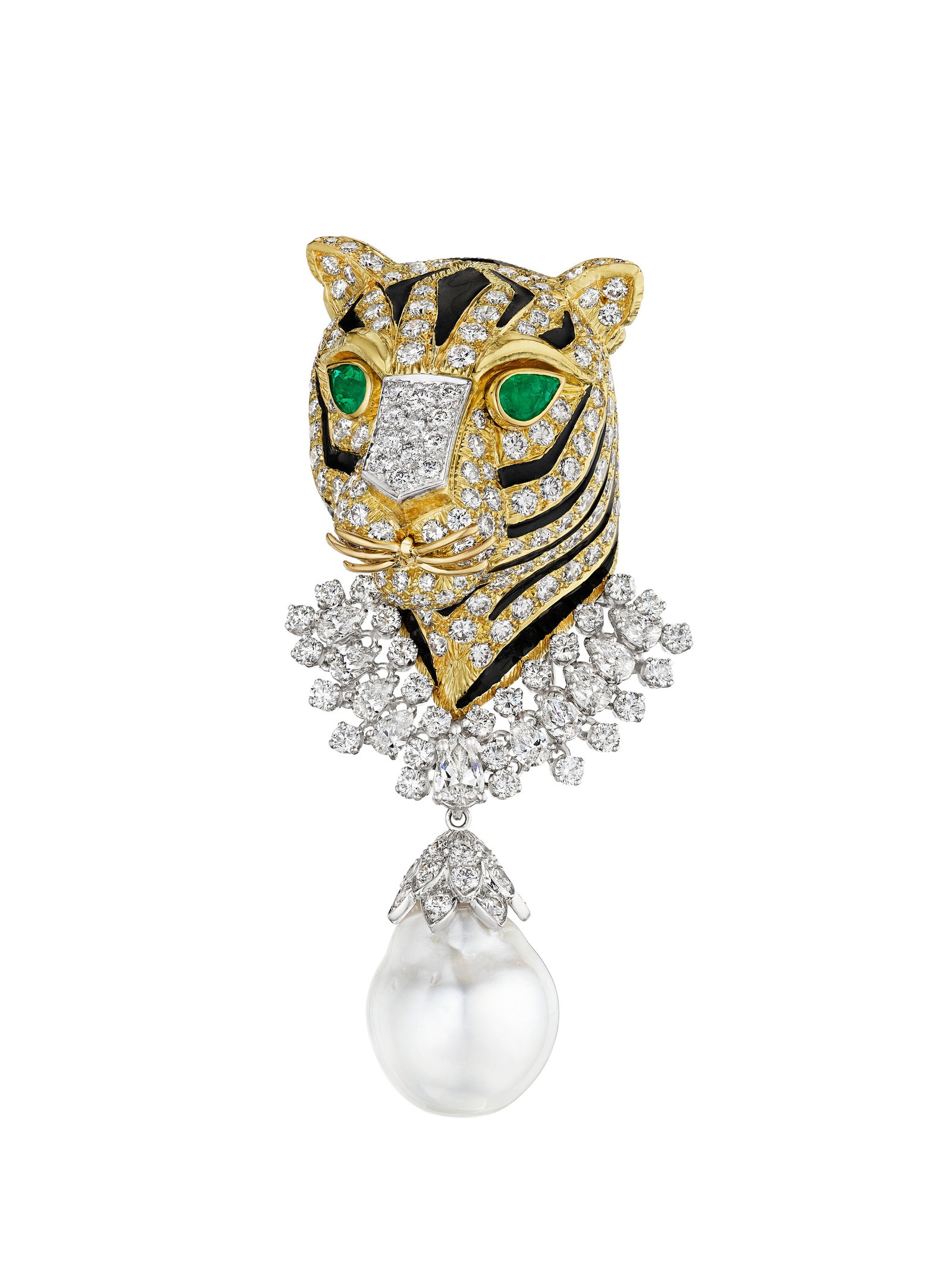 DAVID WEBB DIAMOND, EMERALD, CULTURED PEARL AND ENAMEL TIGER BROOCH: Details DAVID WEBB DIAMOND, EMERALD, CULTURED PEARL AND ENAMEL TIGER BROOCH Round and pear-shaped diamonds, pear-shaped emeralds, baroque cultured pearl pendant drop of approximately 21.29 x 18.15 mm,