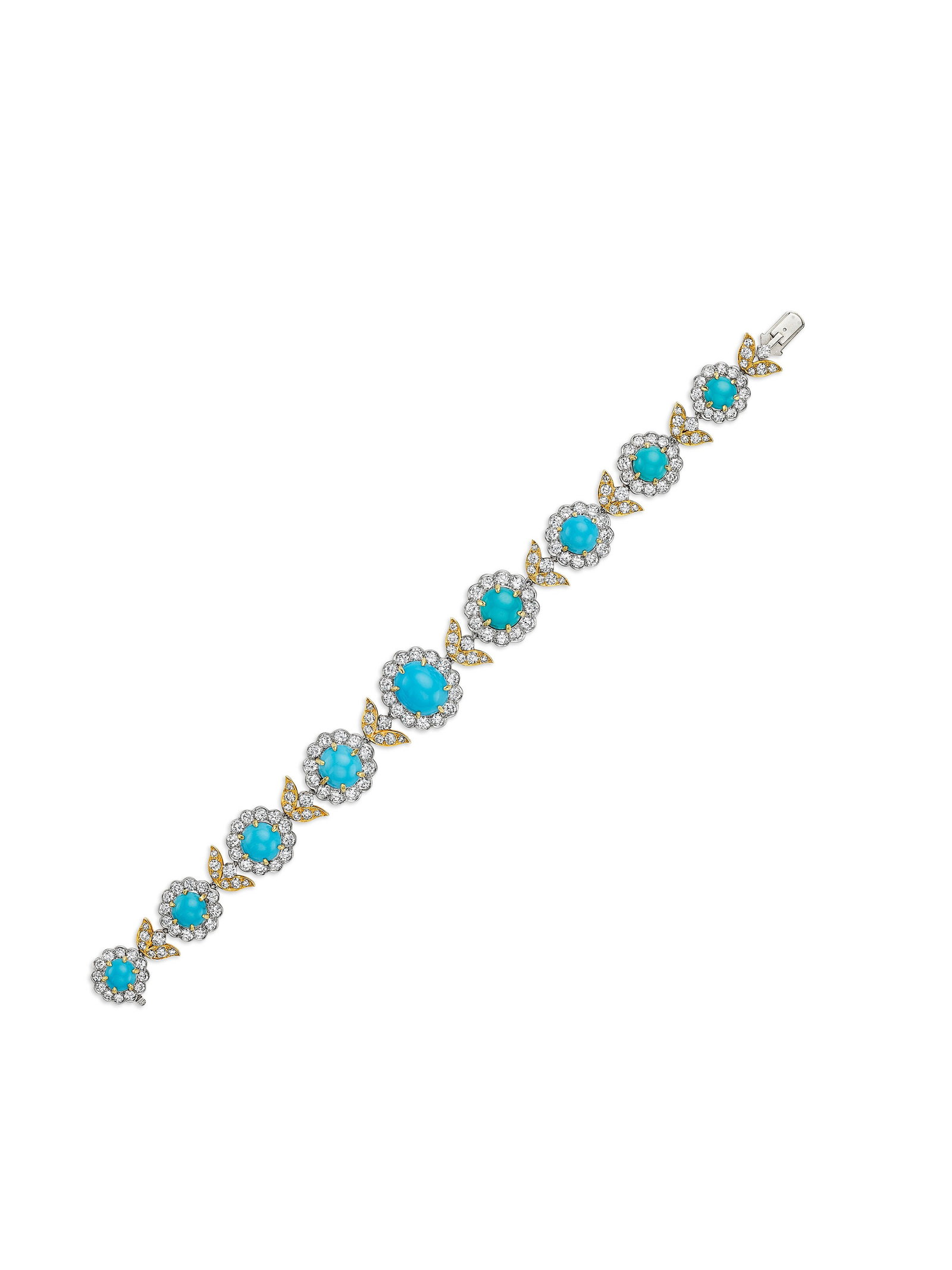 VAN CLEEF & ARPELS TURQUOISE AND DIAMOND BRACELET: Details VAN CLEEF & ARPELS TURQUOISE AND DIAMOND BRACELET Oval and round turquoise cabochons, round and single-cut diamonds, yellow gold and platinum, circa 1960, signed V.C.A., N.Y., numbered, gray V