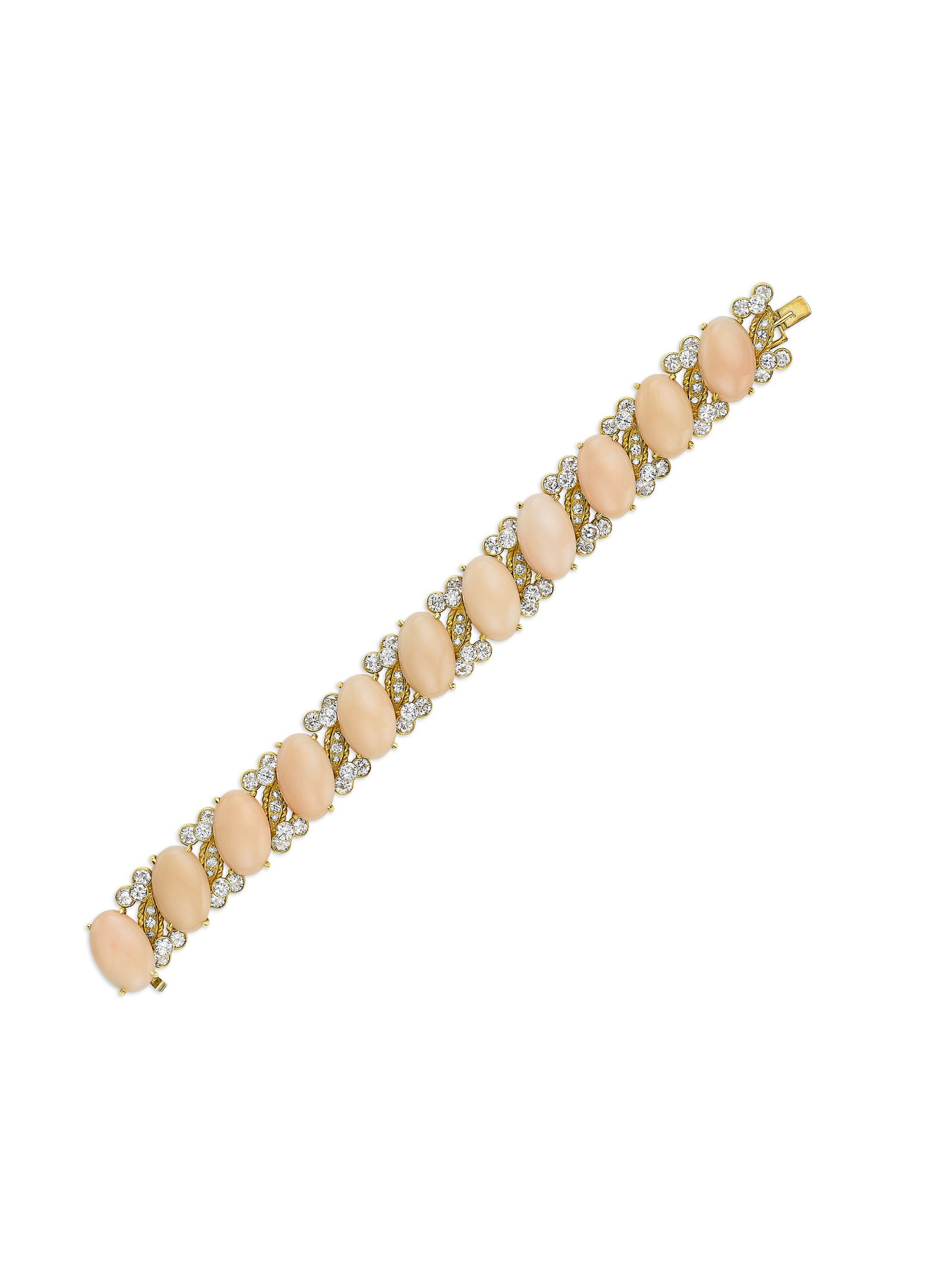 VAN CLEEF & ARPELS CORAL AND DIAMOND BRACELET: Details VAN CLEEF & ARPELS CORAL AND DIAMOND BRACELET Oval-shaped coral cabochons, round and single-cut diamonds, yellow gold, circa 1965, signed VC&A (partially indistinct), numbered Copy of Van Clee