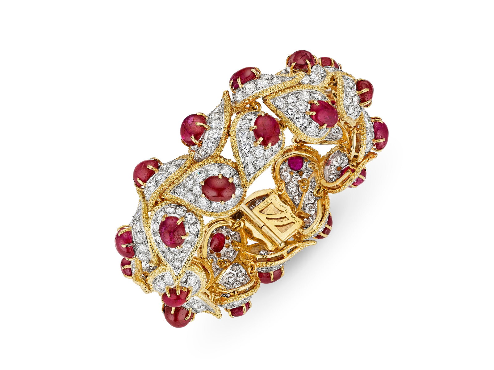 VAN CLEEF & ARPELS RUBY AND DIAMOND BRACELET: Details VAN CLEEF & ARPELS RUBY AND DIAMOND BRACELET Oval cabochon rubies, round diamonds, platinum and 18k yellow gold, circa 1960, signed Van Cleef & Arpels, numbered; accompanied by a detachable br