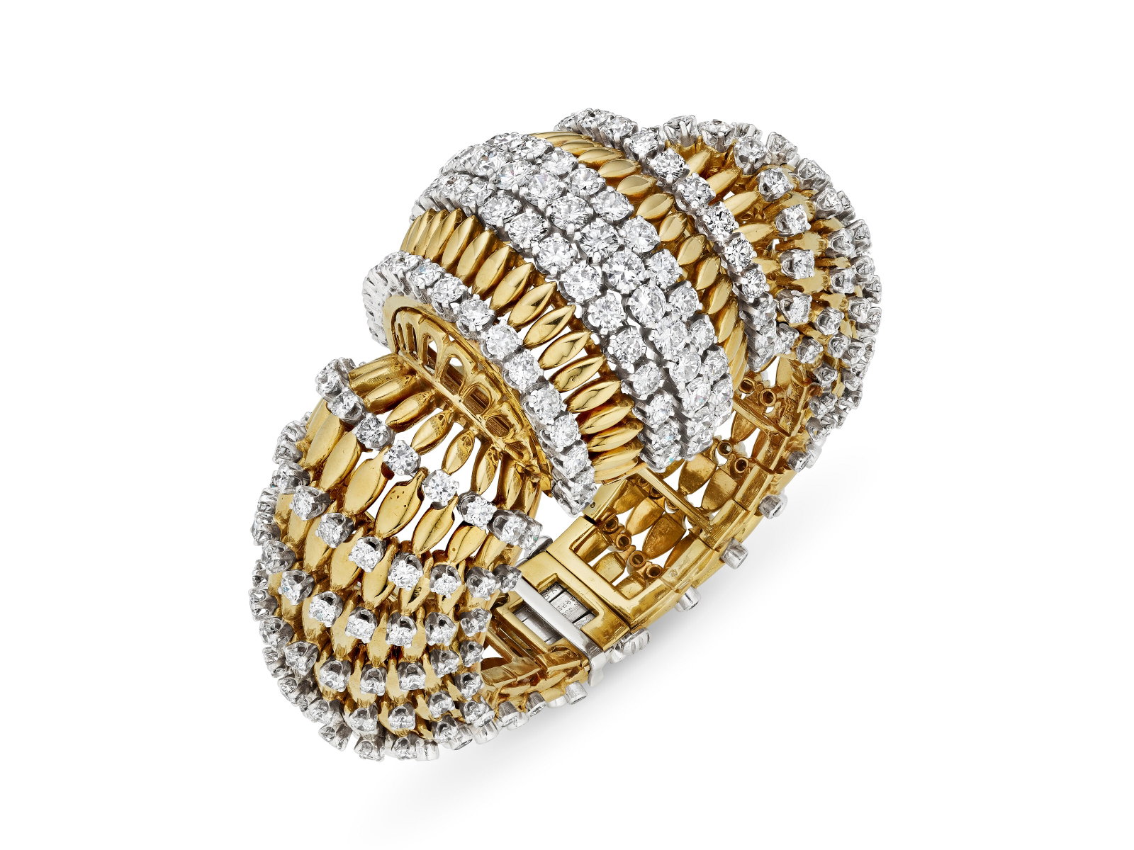 AN IMPORTANT VAN CLEEF & ARPELS RETRO DIAMOND AND GOLD BRACELET: Details AN IMPORTANT VAN CLEEF & ARPELS RETRO DIAMOND AND GOLD BRACELET Of bombé style, round and old-cut diamonds, yellow gold and platinum, circa 1940, signed Van Cleef & Arpels, N.Y., numbered