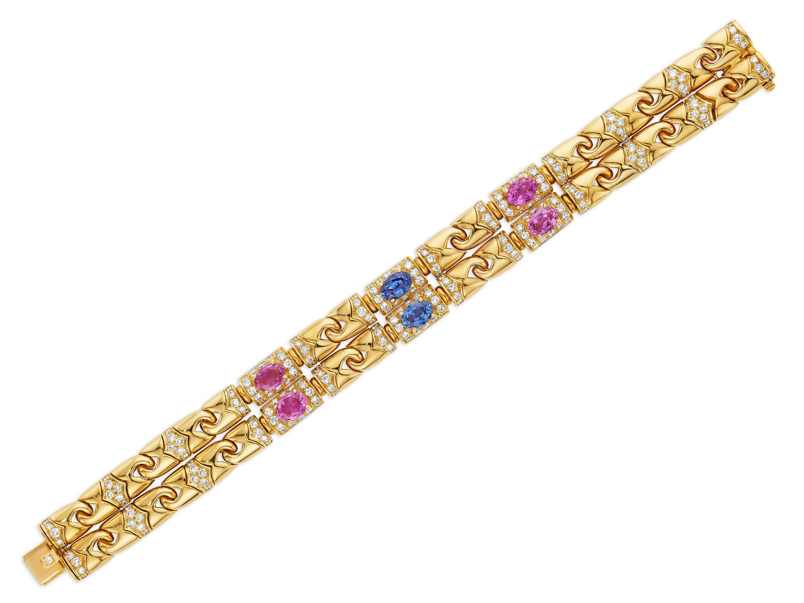 BULGARI SAPPHIRE, COLORED SAPPHIRE AND DIAMOND BRACELET: Details BULGARI SAPPHIRE, COLORED SAPPHIRE AND DIAMOND BRACELET Oval-shaped sapphires and pink sapphires, round diamonds, 18k yellow gold (Italian mark), signed Bvlgari Size/Dimensions: 17.7 cm (7 in)