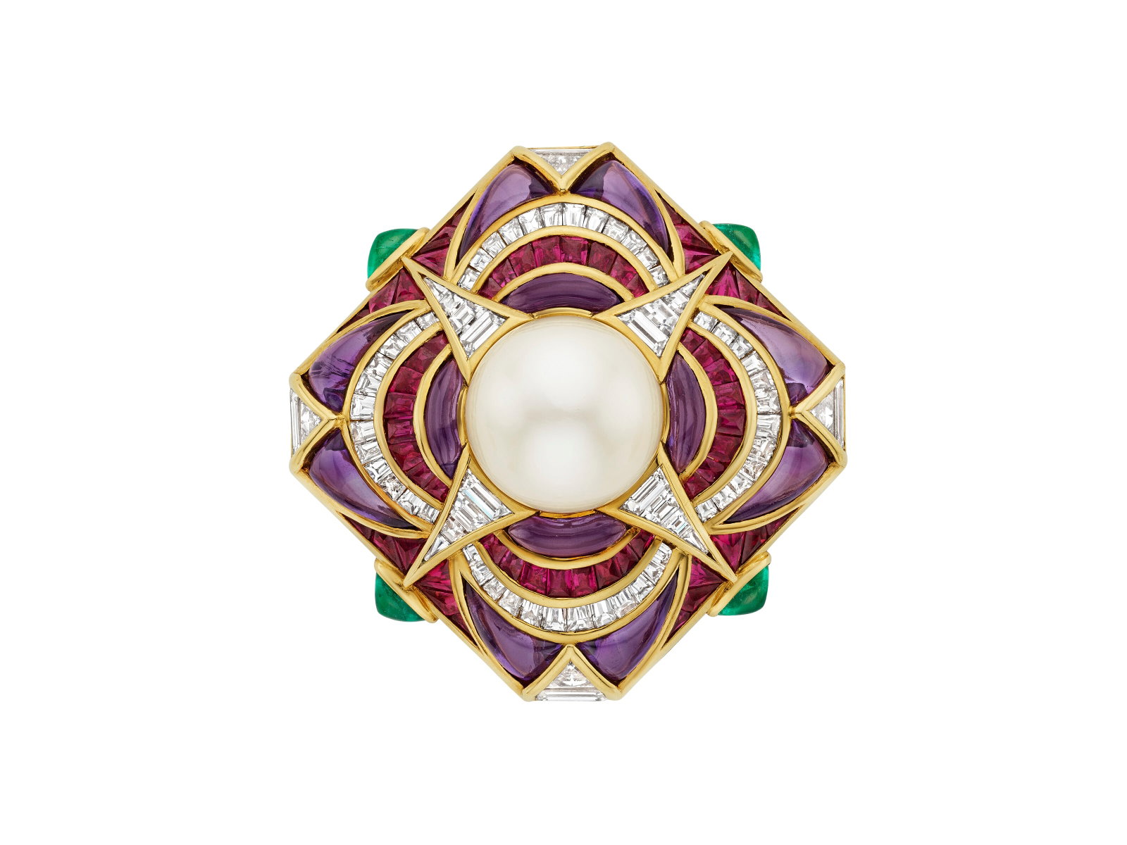 BULGARI NATURAL PEARL, MULTI-GEM AND DIAMOND 'CARRÉ' BROOCH: Details BULGARI NATURAL PEARL, MULTI-GEM AND DIAMOND 'CARRÉ' BROOCH Button-shaped natural pearl of approximately 13.64 mm, buff-top amethysts, rubies and emeralds, baguette, tapered baguette and 