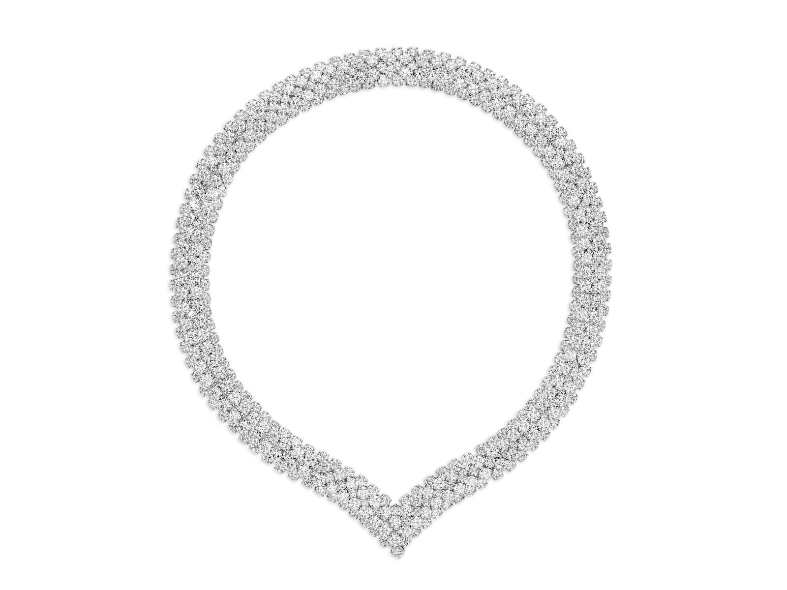 VAN CLEEF & ARPELS DIAMOND 'À CHEVAL' NECKLACE: Details VAN CLEEF & ARPELS DIAMOND 'À CHEVAL' NECKLACE Round diamonds, platinum, signed Van Cleef & Arpels, VCA, maker’s mark, numbered, central v-shaped portion detachable, remaining two s