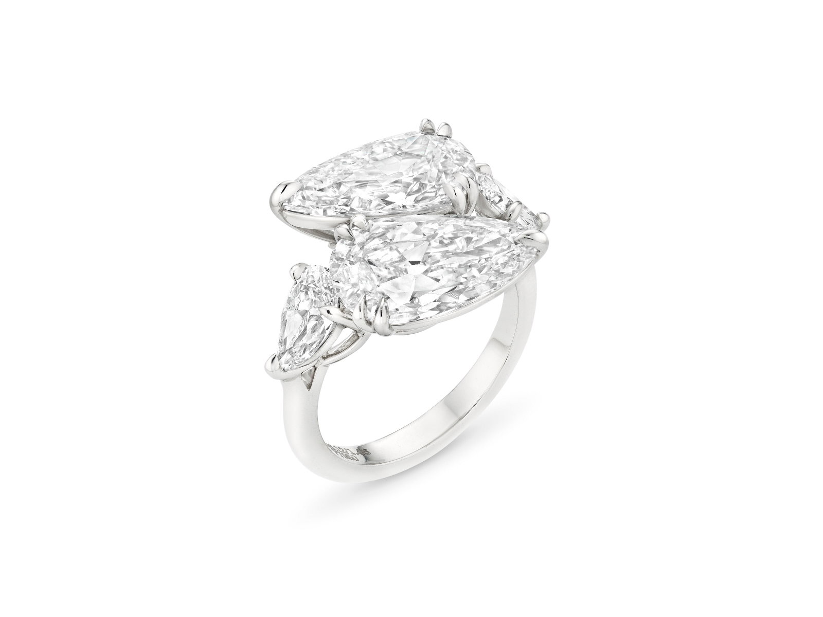 DIAMOND TWIN-STONE RING: Details DIAMOND TWIN-STONE RING Modified pear brilliant-cut diamonds of 3.45, 3.12, 0.74 and 0.72 carats, platinum GIA, 2026, report no. 1232864645: 3.45 carats, E color, SI1 clarity GIA, 2026,