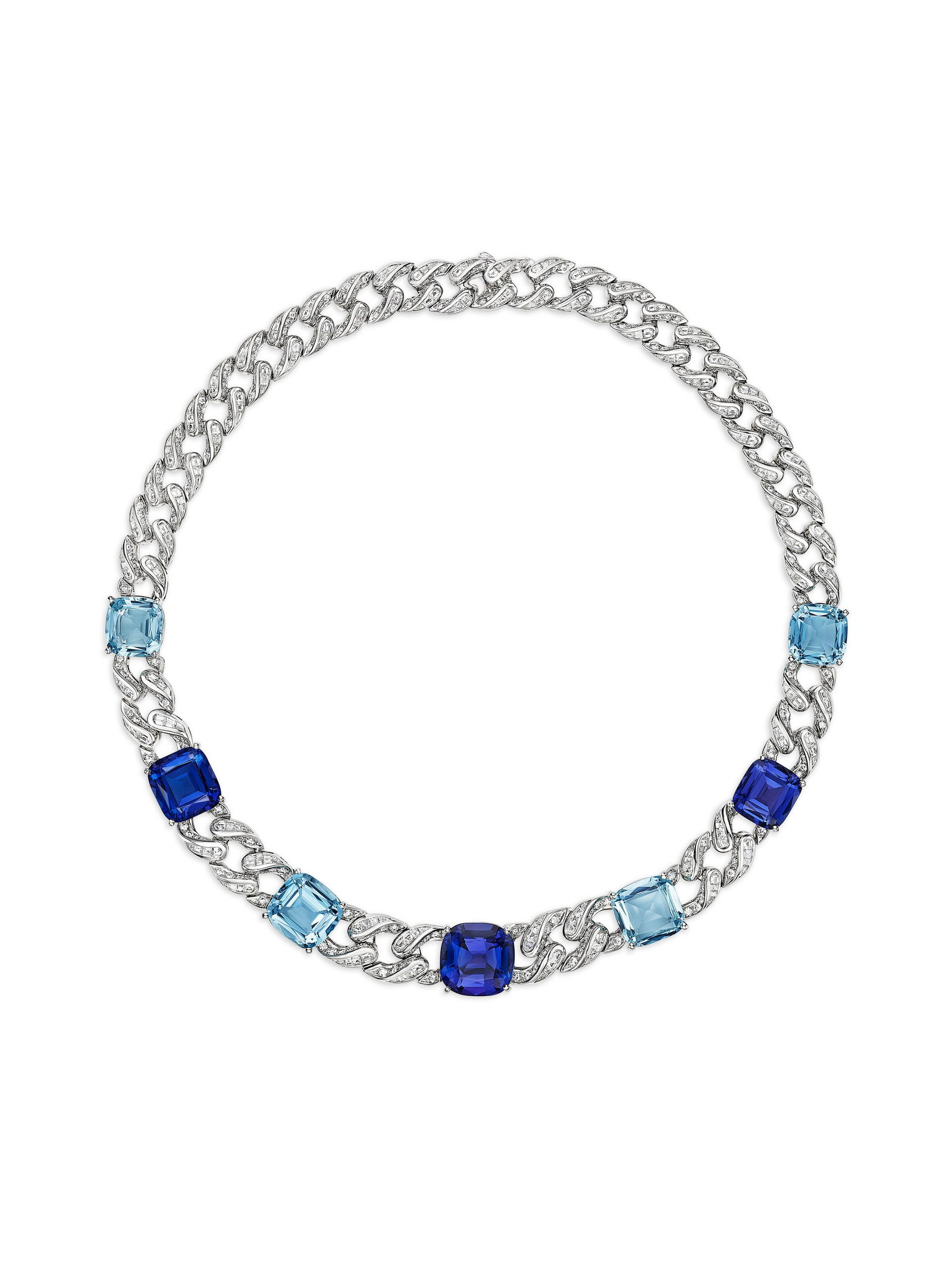 BULGARI TANZANITE, AQUAMARINE AND DIAMOND NECKLACE: Details BULGARI TANZANITE, AQUAMARINE AND DIAMOND NECKLACE Cushion-shaped tanzanites and aquamarines, variously-shaped step-cut and round diamonds, 18k yellow gold, signed Bvlgari, Made In Italy, numb