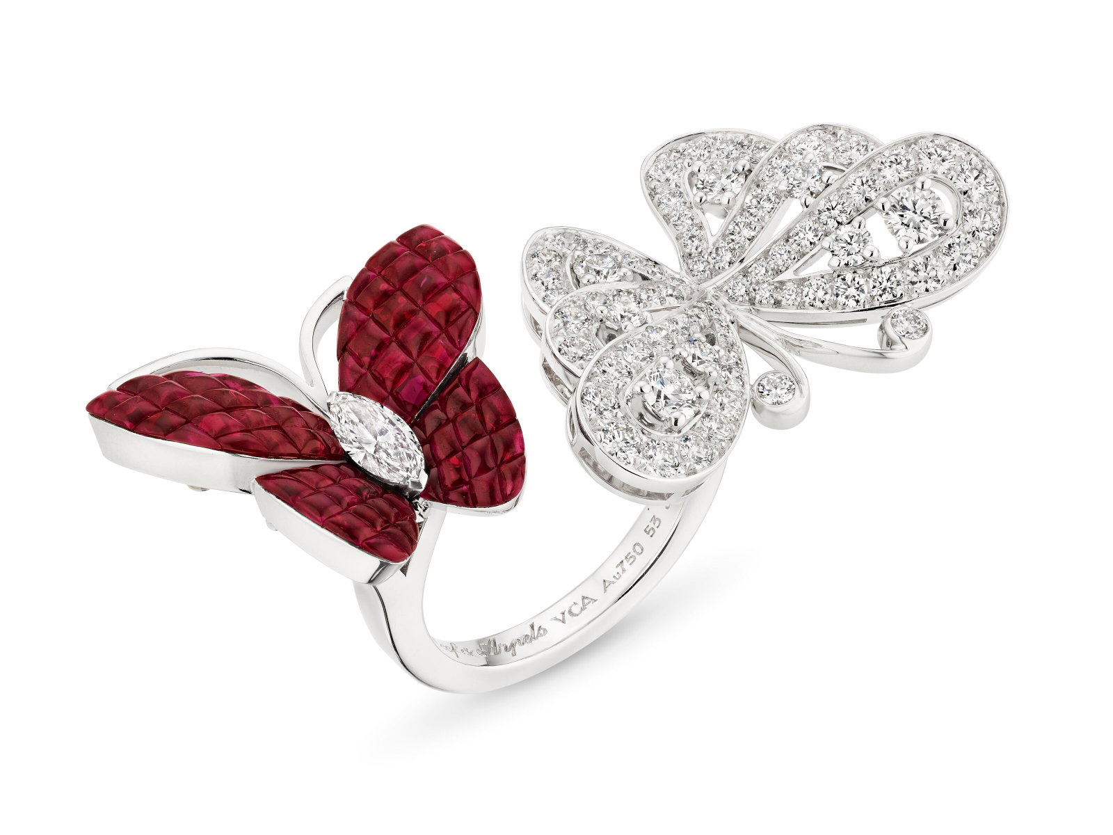 VAN CLEEF & ARPELS RUBY AND DIAMOND 'MYSTERY-SET BETWEEN THE FINGER' BUTTERFLY RING: Details VAN CLEEF & ARPELS RUBY AND DIAMOND 'MYSTERY-SET BETWEEN THE FINGER' BUTTERFLY RING Designed as two butterflies, calibré-cut rubies, round and marquise-shaped diamonds, 18k white gold (Fr