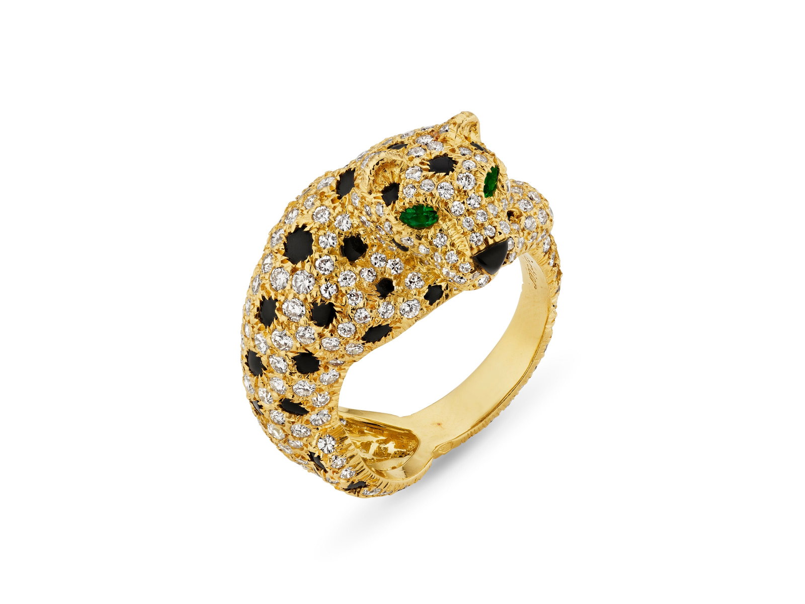 CARTIER DIAMOND, ONYX AND EMERALD 'PANTHERE' RING: Details CARTIER DIAMOND, ONYX AND EMERALD 'PANTHERE' RING Designed as a panther, round diamonds, onyx plaques, marquise-shaped emeralds, 18k yellow gold (French mark), signed Cartier, numbered Size/Di