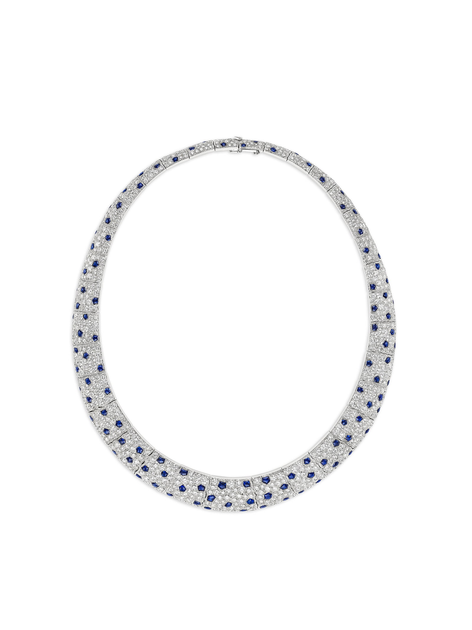 CARTIER SAPPHIRE AND DIAMOND 'PANTHÈRE' NECKLACE: Details CARTIER SAPPHIRE AND DIAMOND 'PANTHÈRE' NECKLACE Designed with the panther motif, variously-shaped buff-top sapphires, round diamonds, platinum and 18k white gold (French marks), signed