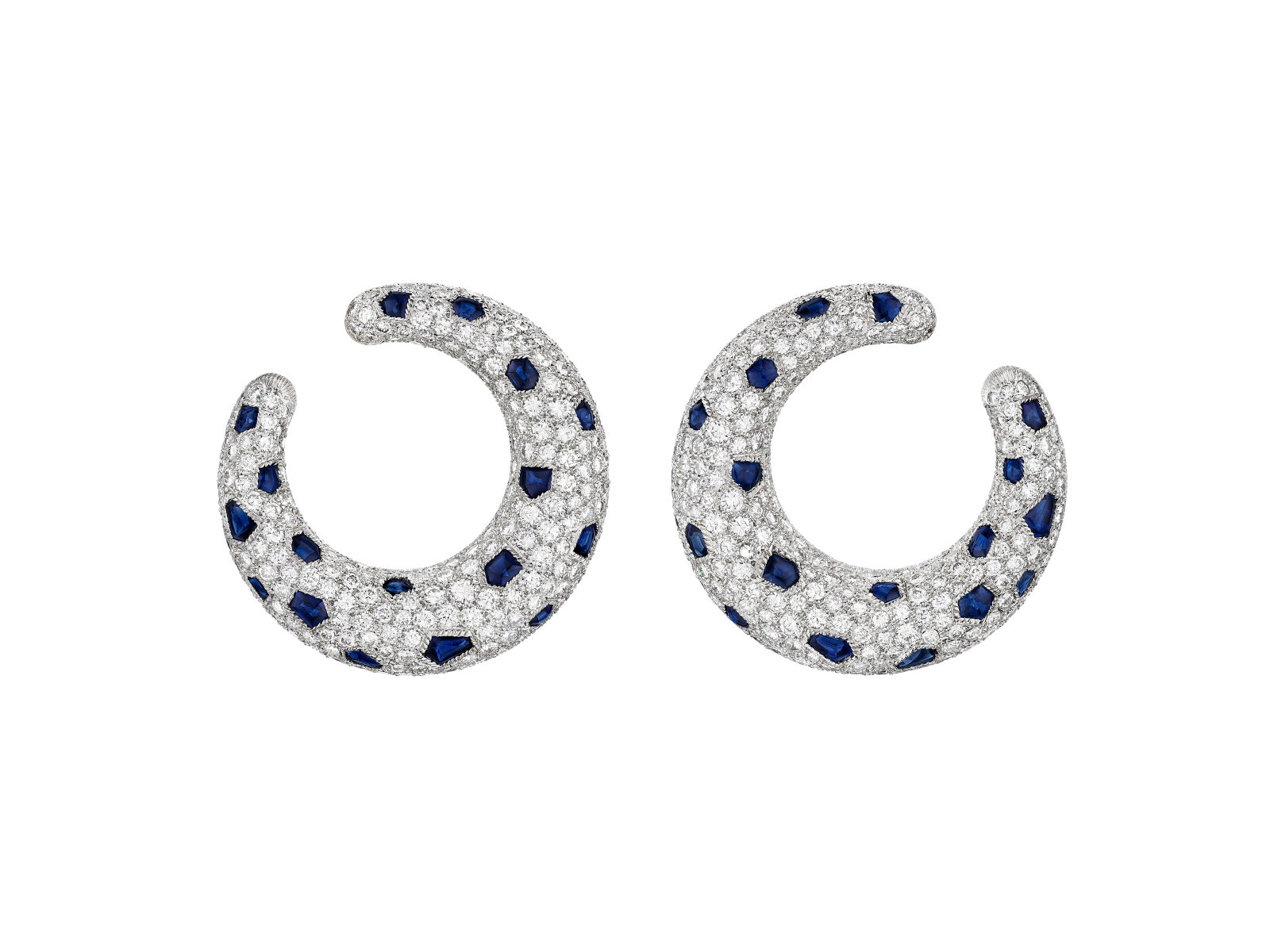 CARTIER SAPPHIRE AND DIAMOND 'PANTHÈRE' EARRINGS: Details CARTIER SAPPHIRE AND DIAMOND 'PANTHÈRE' EARRINGS Designed with the panther motif, buff-top sapphires, round diamonds, platinum and 18k white gold (French marks), signed Cartier, maker's