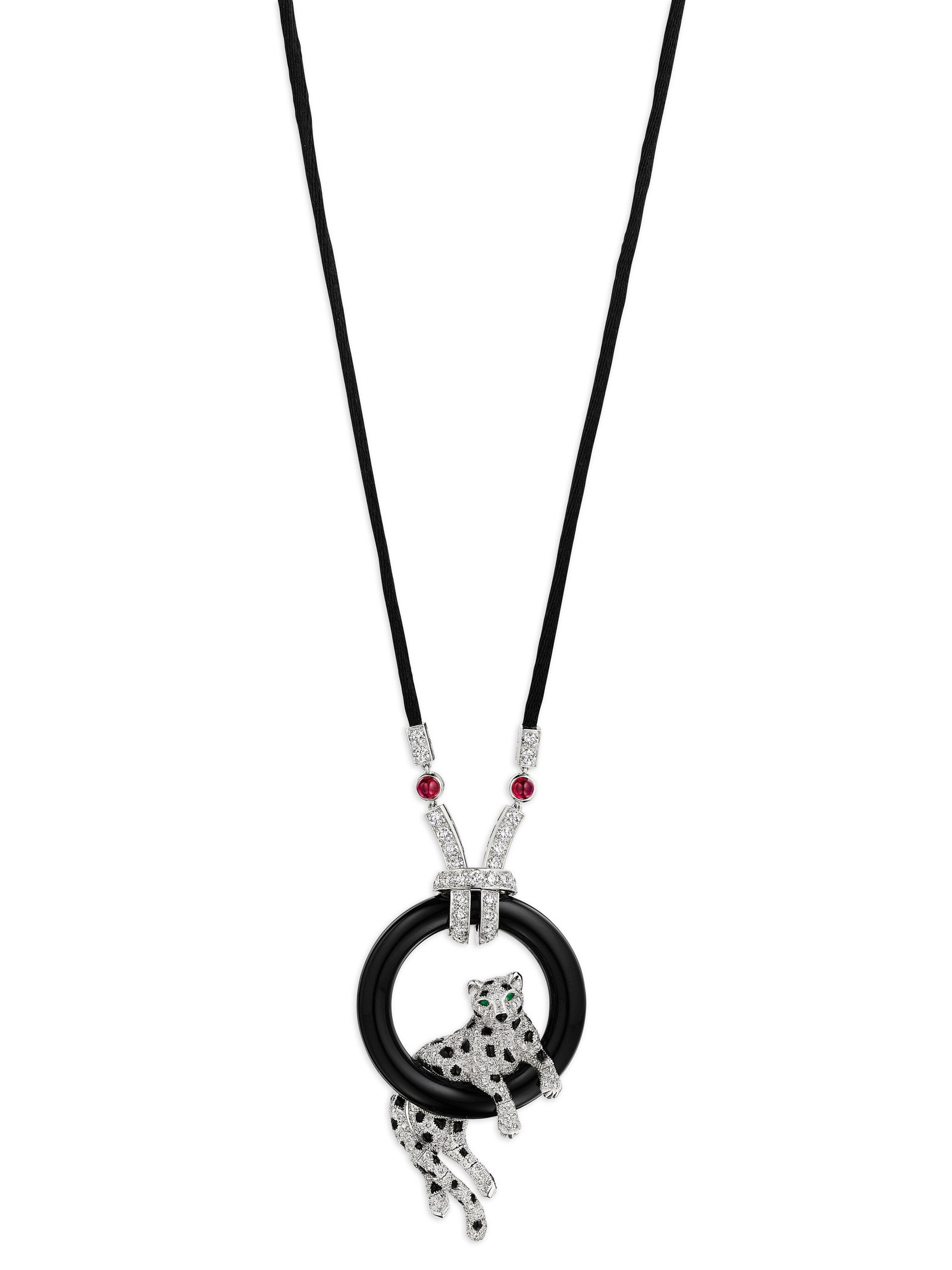 CARTIER DIAMOND, ONYX, EMERALD AND RUBY 'PANTHÈRE' NECKLACE: Details CARTIER DIAMOND, ONYX, EMERALD AND RUBY 'PANTHÈRE' NECKLACE Designed as a panther, round diamonds, onyx hoop and plaques, pear-shaped emeralds, round cabochon rubies, platinum (French mar