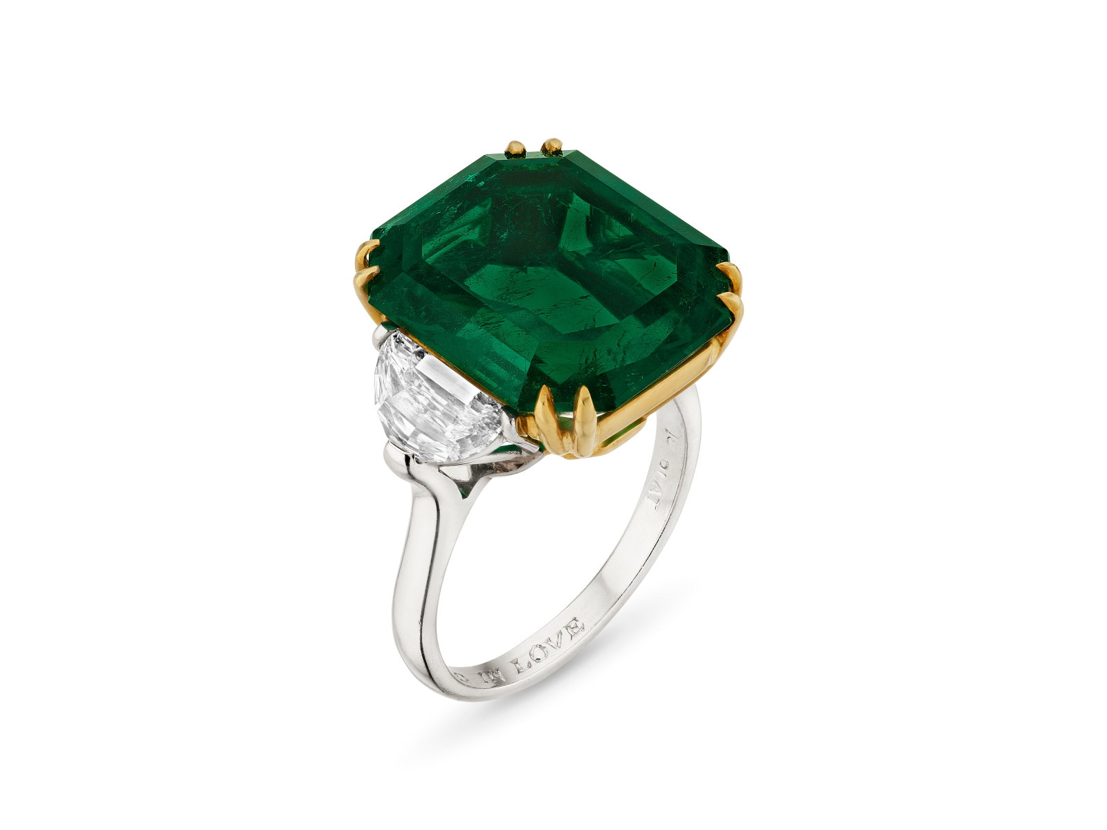EMERALD AND DIAMOND RING: Details EMERALD AND DIAMOND RING Rectangular emerald-cut emerald of 12.89 carats, half-moon-shaped diamonds, platinum and 18k yellow gold AGL, 2026, report no. 1155226: 12.89 carats, Colombia, minor