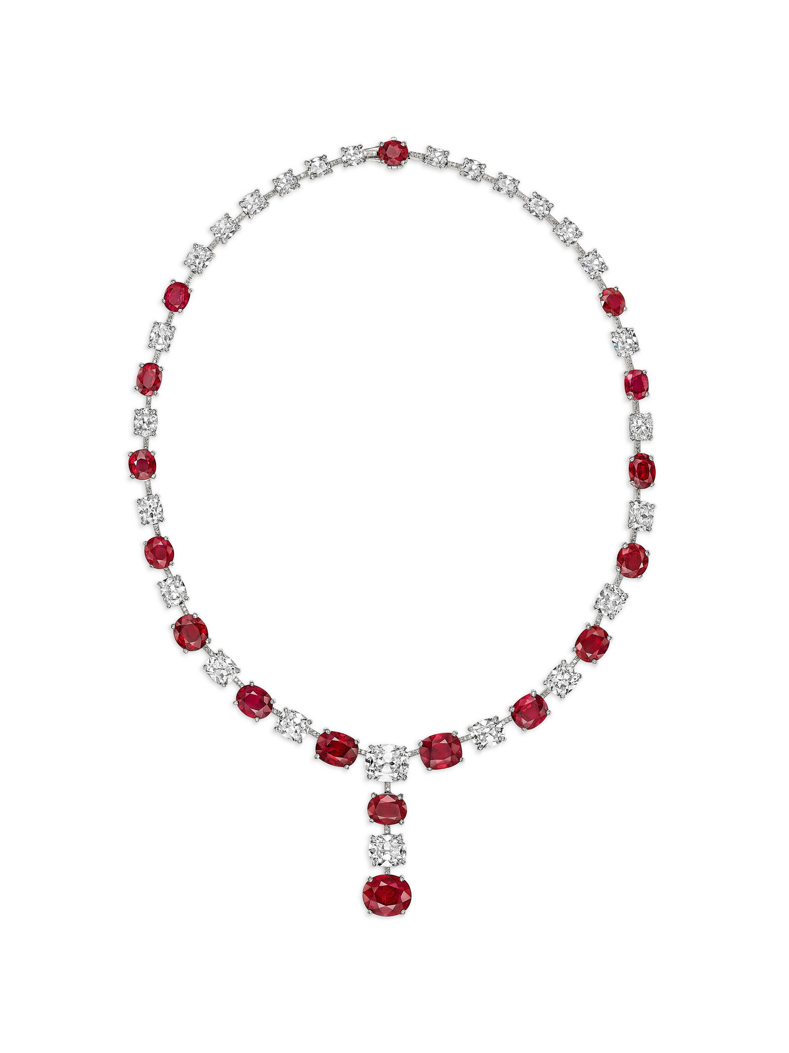 AN IMPRESSIVE DAVID MORRIS RUBY AND DIAMOND NECKLACE: Details AN IMPRESSIVE DAVID MORRIS RUBY AND DIAMOND NECKLACE Oval and cushion mixed-cut rubies of 5.03 to 1.02 carats, cushion and round diamonds, white gold, signed David Morris SSEF, 2026, report no