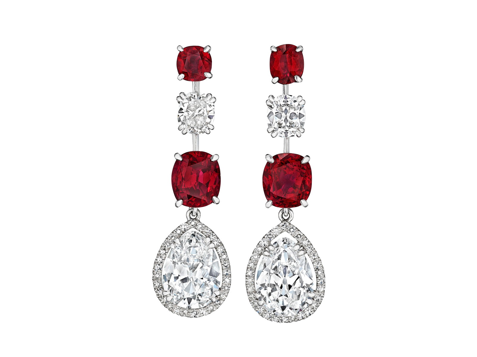 A PAIR OF SUPERB DAVID MORRIS RUBY AND DIAMOND PENDANT EARRINGS: Details A PAIR OF SUPERB DAVID MORRIS RUBY AND DIAMOND PENDANT EARRINGS Cushion mixed-cut rubies of 4.26, 4.10, 1.08 and 1.07 carats, cushion-shaped diamonds, platinum, signed David Morris, accompanie