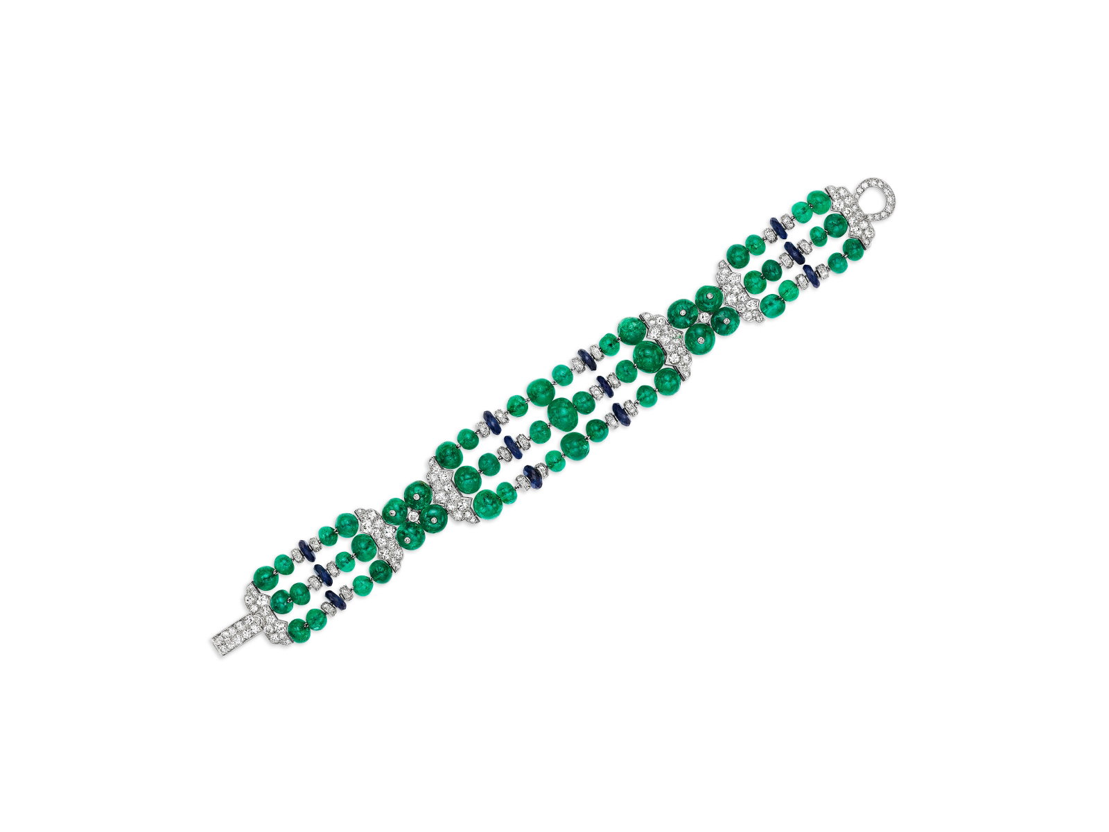 AN ELEGANT CARTIER ART DECO EMERALD, SAPPHIRE AND DIAMOND BRACELET: Details AN ELEGANT CARTIER ART DECO EMERALD, SAPPHIRE AND DIAMOND BRACELET Emerald beads, faceted sapphire rondelle beads, old and single-cut diamonds, platinum, circa 1925, signed Cartier, numbered S