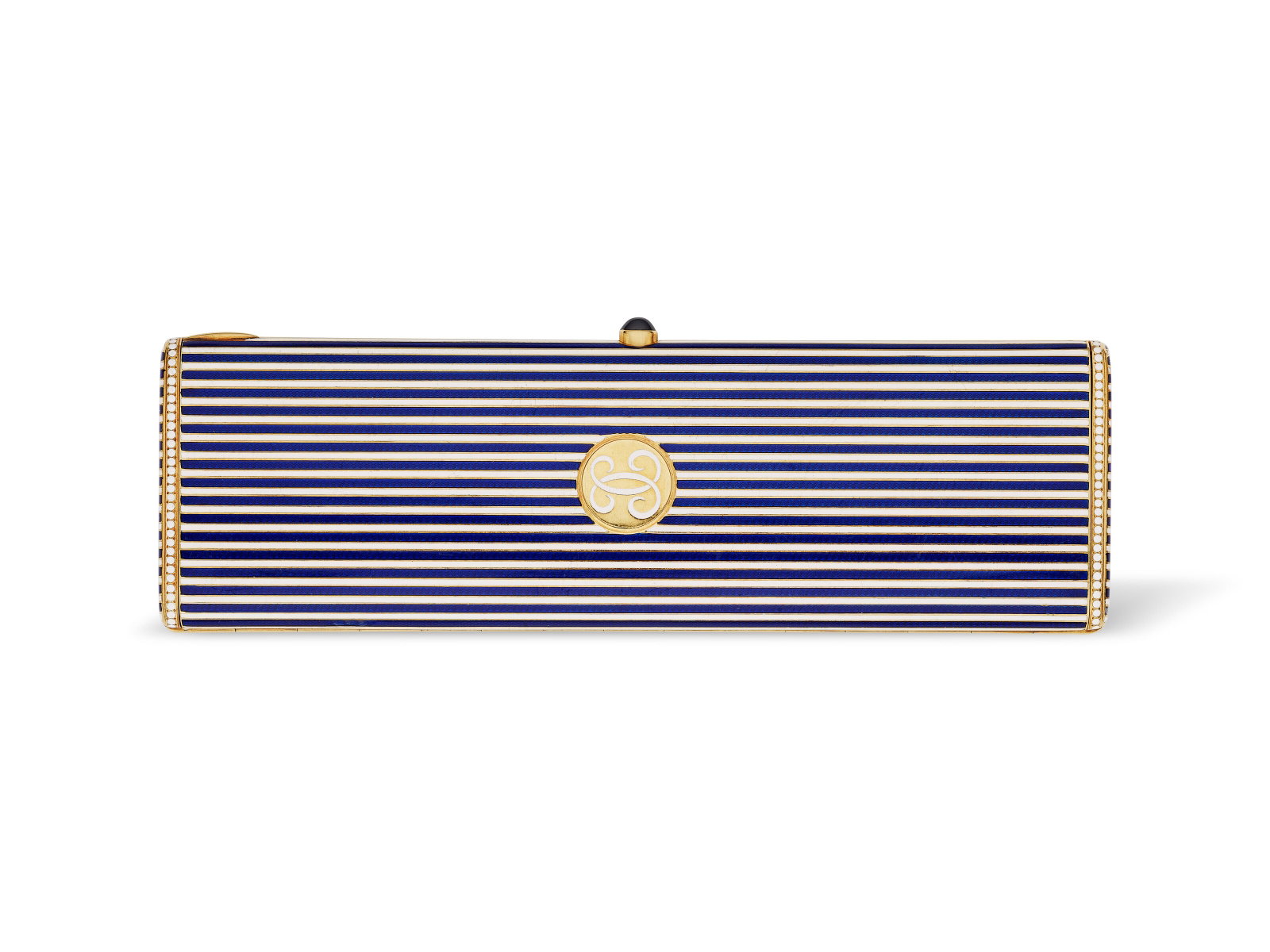 CARTIER ANTIQUE ENAMEL AND SAPPHIRE CASE: Details CARTIER ANTIQUE ENAMEL AND SAPPHIRE CASE Opening to reveal three compartments, oval cabochon sapphire pushpiece, blue and white enamel, 18k yellow gold (French mark), circa 1915, signed Cartie