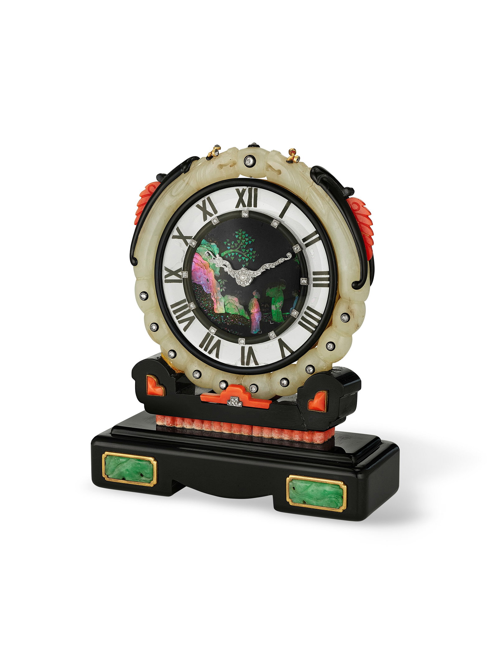 AN IMPORTANT AND RARE CARTIER MULTI-GEM, DIAMOND AND ENAMEL CLOCK: Details AN IMPORTANT AND RARE CARTIER MULTI-GEM, DIAMOND AND ENAMEL CLOCK Circular Swiss lever movement, carved jade, coral, rock crystal and black onyx, mother of pearl, rose-cut diamonds, black enam