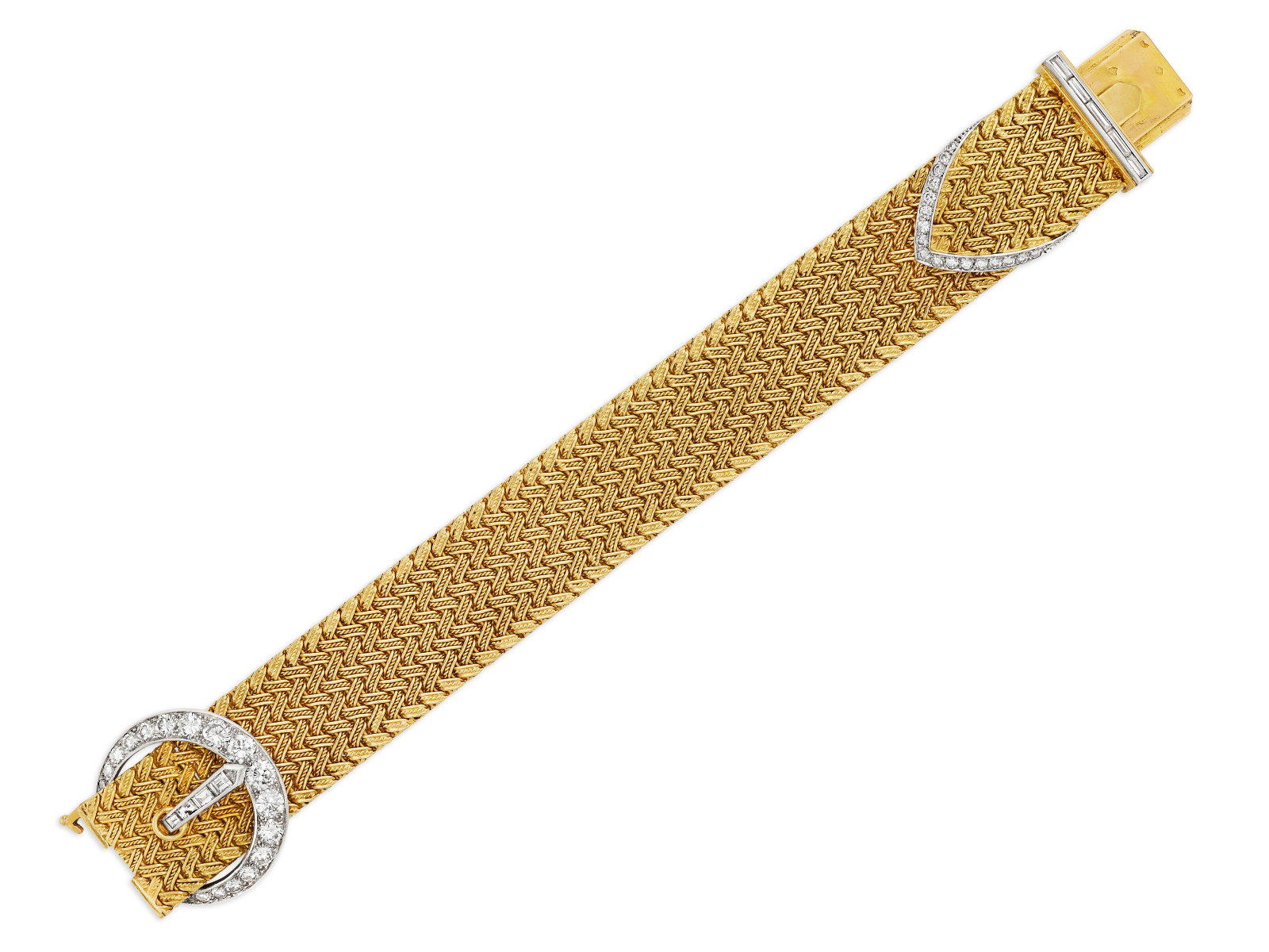 CARTIER DIAMOND AND GOLD BELT BRACELET: Details CARTIER DIAMOND AND GOLD BELT BRACELET Round, baguette and triangular diamonds, 18k yellow gold and platinum (French marks), circa 1950, signed Cartier, Paris, maker’s mark (Georges Lenf