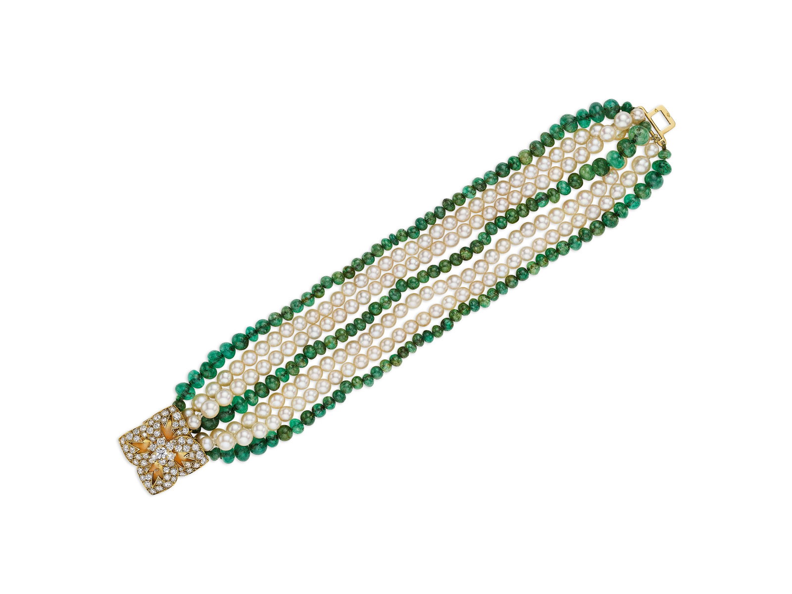 CARTIER CULTURED PEARL, EMERALD AND DIAMOND BRACELET: Details CARTIER CULTURED PEARL, EMERALD AND DIAMOND BRACELET Near-round cultured pearls of 6.23 to 4.80 mm, emerald beads, 18k yellow gold (French mark), circa 1955, signed Cartier, Paris, maker's mar