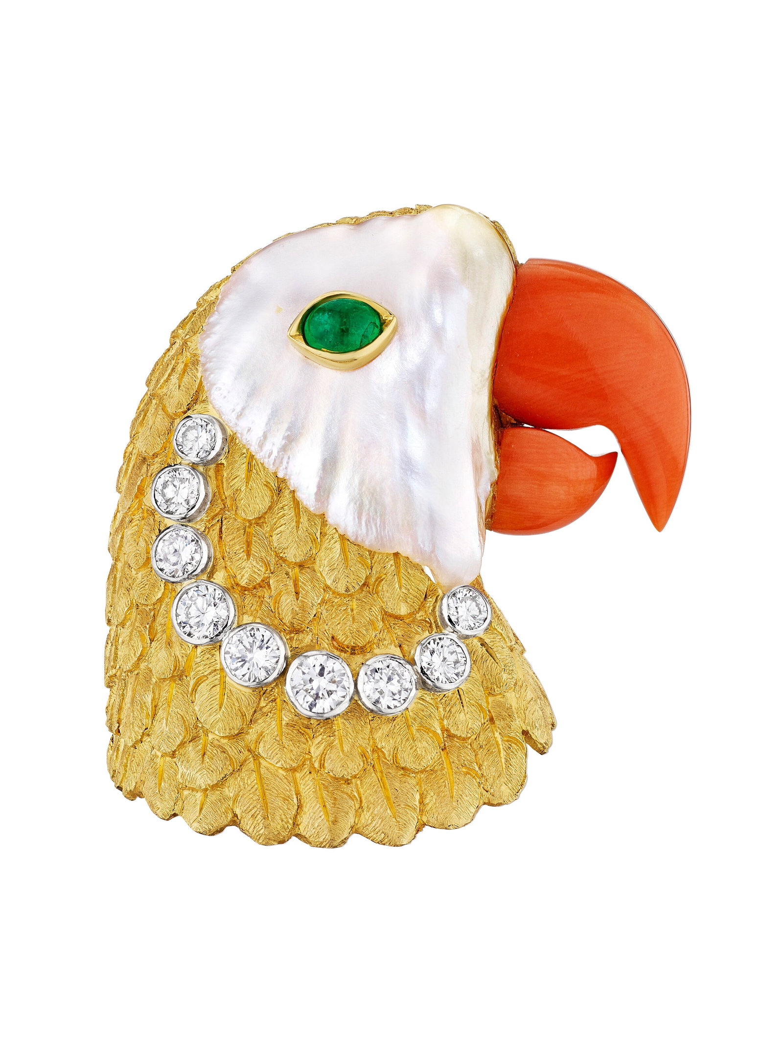 CARTIER MULTI-GEM AND DIAMOND PARROT BROOCH: Details CARTIER MULTI-GEM AND DIAMOND PARROT BROOCH Designed as a parrot head, mother-of-pearl plaque, carved coral, oval cabochon emerald, round diamonds, 18k yellow gold and platinum (French marks),