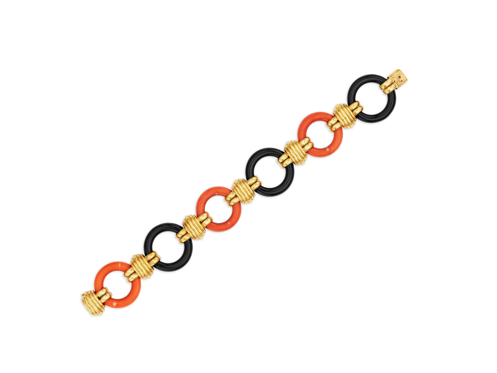 CARTIER CORAL AND ONYX BRACELET: Details CARTIER CORAL AND ONYX BRACELET Coral and onyx links, 18k yellow gold (French mark), circa 1950, signed Cartier, Paris, Made in France, maker's mark (Georges Lenfant), numbered Size/Dimensions