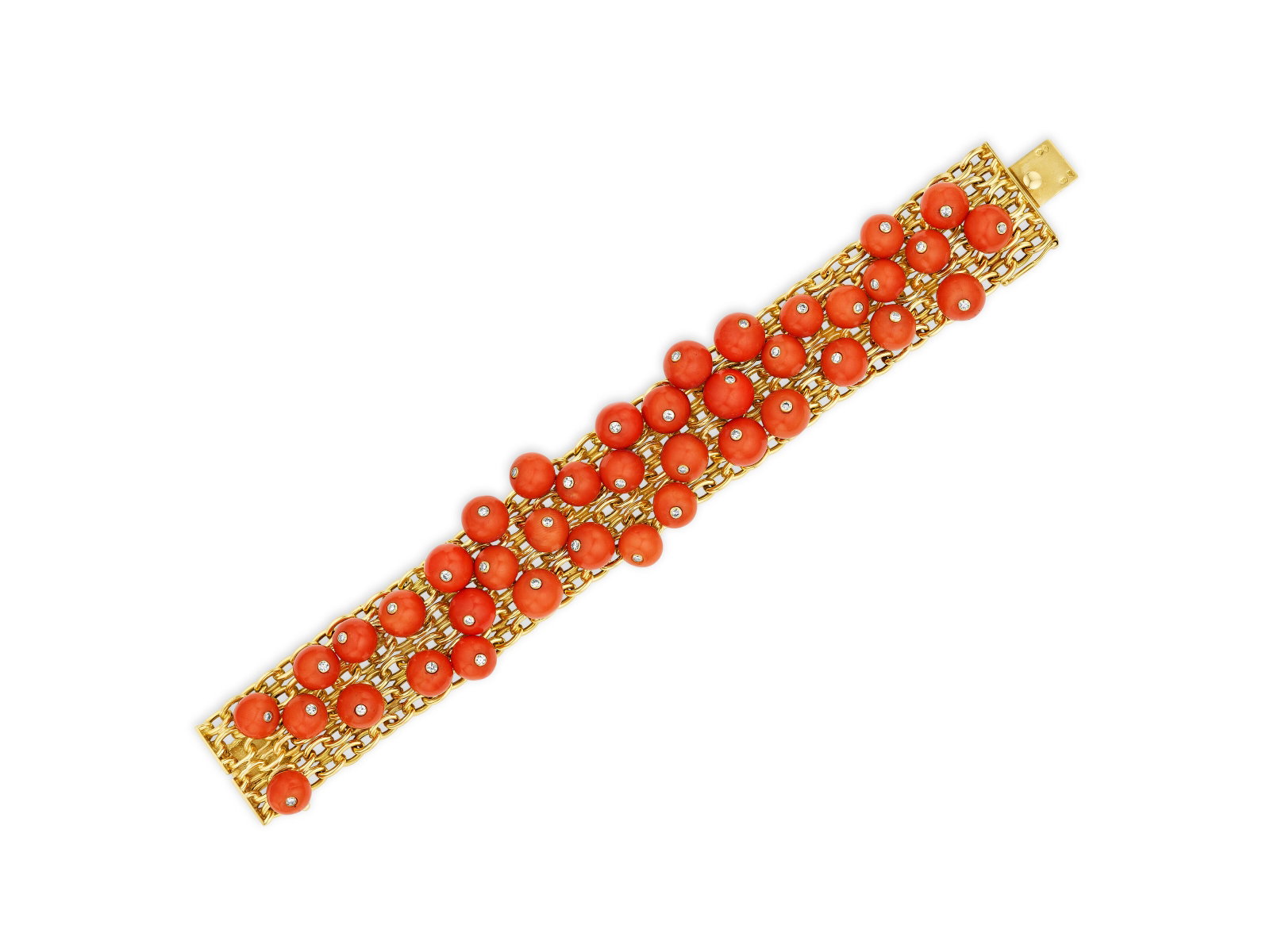 CARTIER CORAL, DIAMOND AND GOLD BRACELET: Details CARTIER CORAL, DIAMOND AND GOLD BRACELET Coral beads, single-cut diamonds, 18k yellow gold (French marks), circa 1955, signed Cartier, Paris, maker's mark (Gross), numbered Size/Dimensions: 19